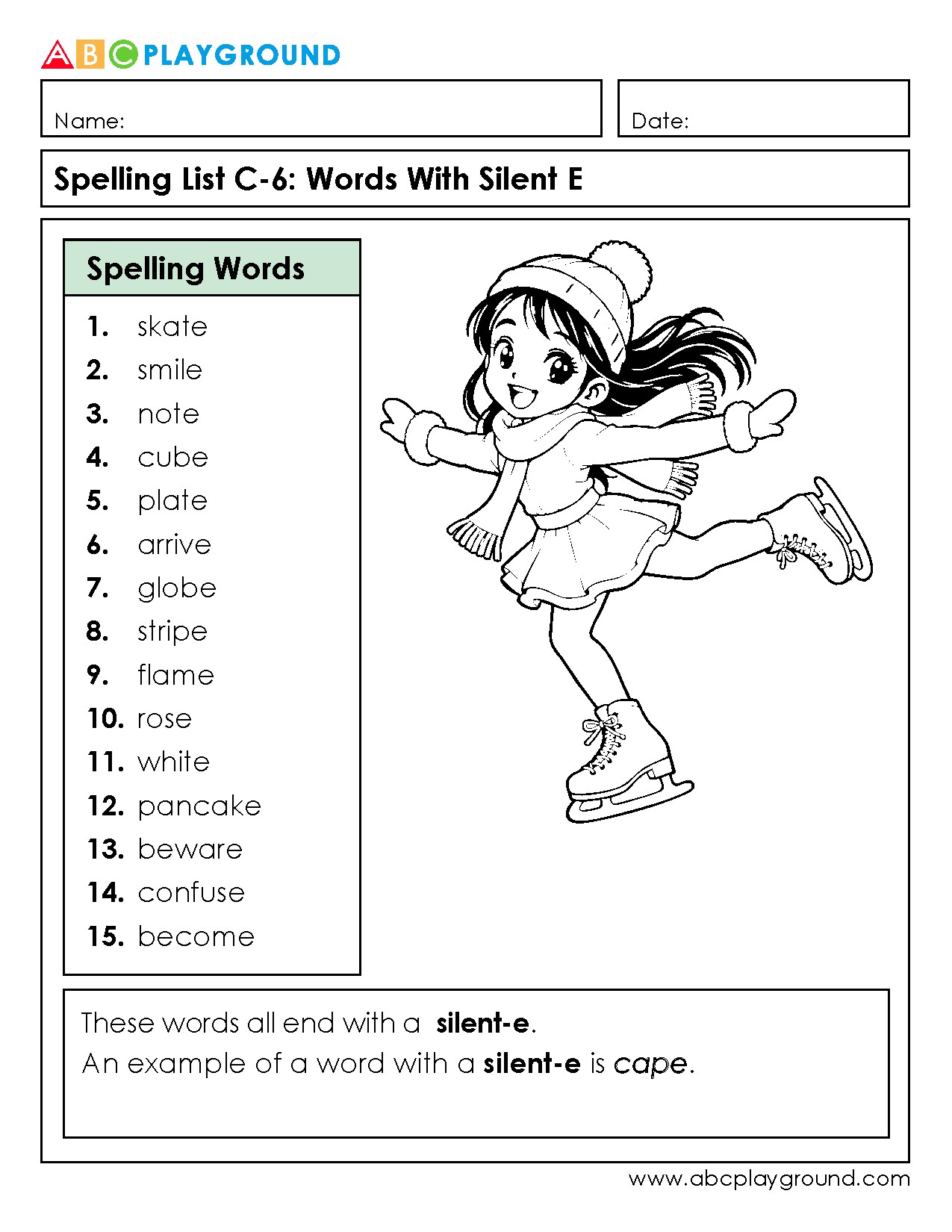 C6 Spelling List: Words With Silent E for Early Readers