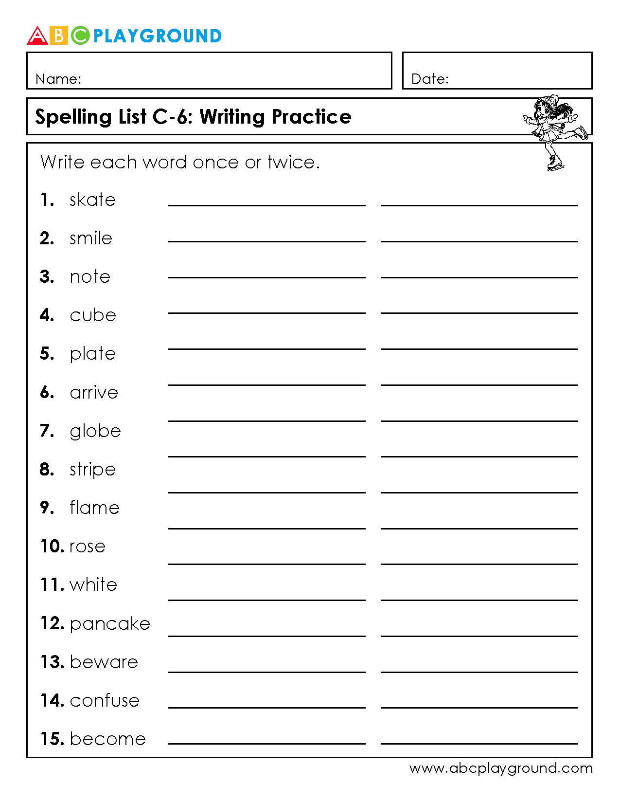 C6 Spelling List Writing Practice Worksheet
