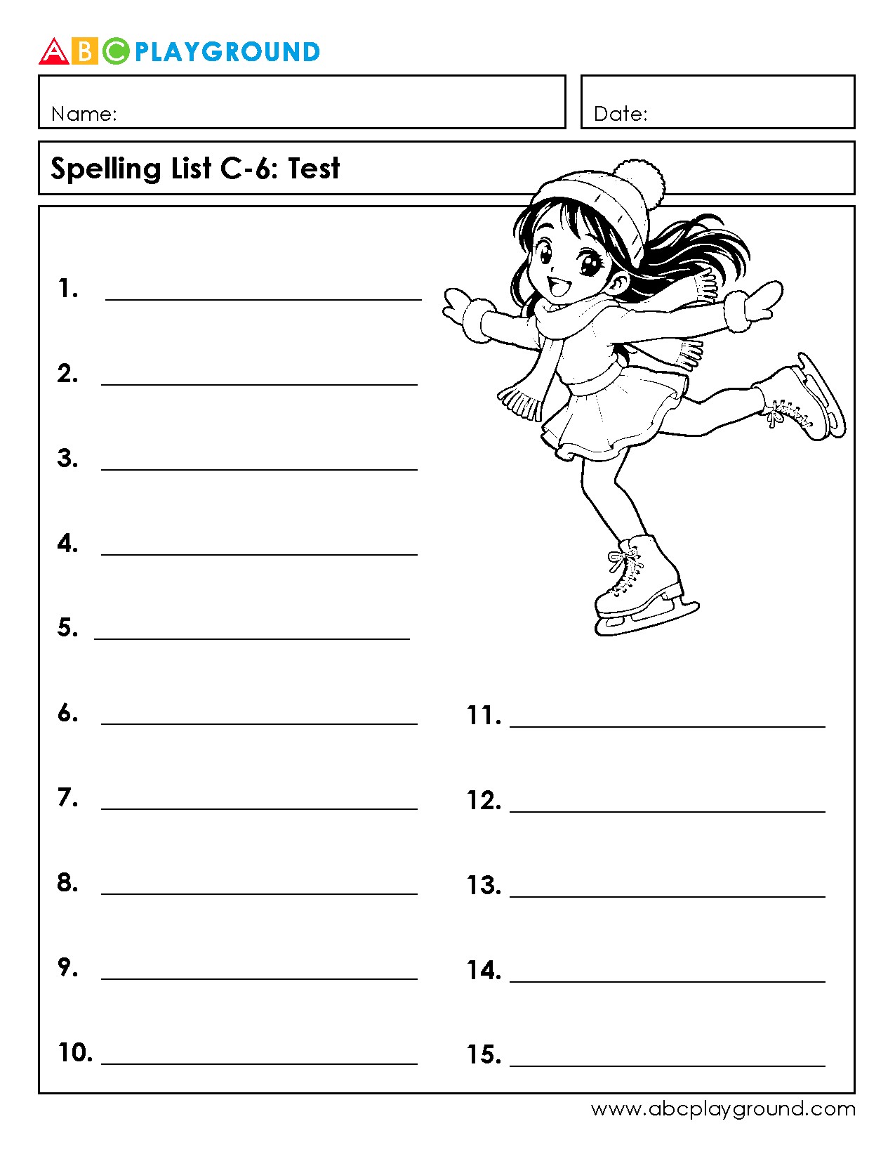 C6 Printable Spelling Test Worksheet with 15 Word Blanks