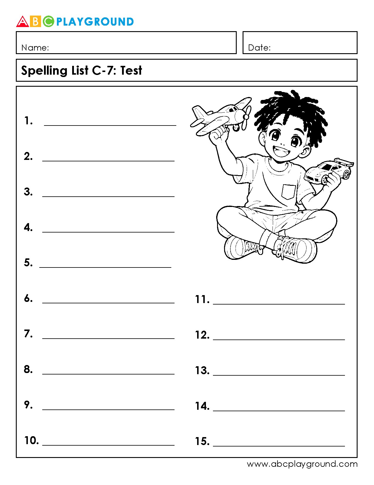 C7 Printable Spelling Test Worksheet with 15 Word Spaces