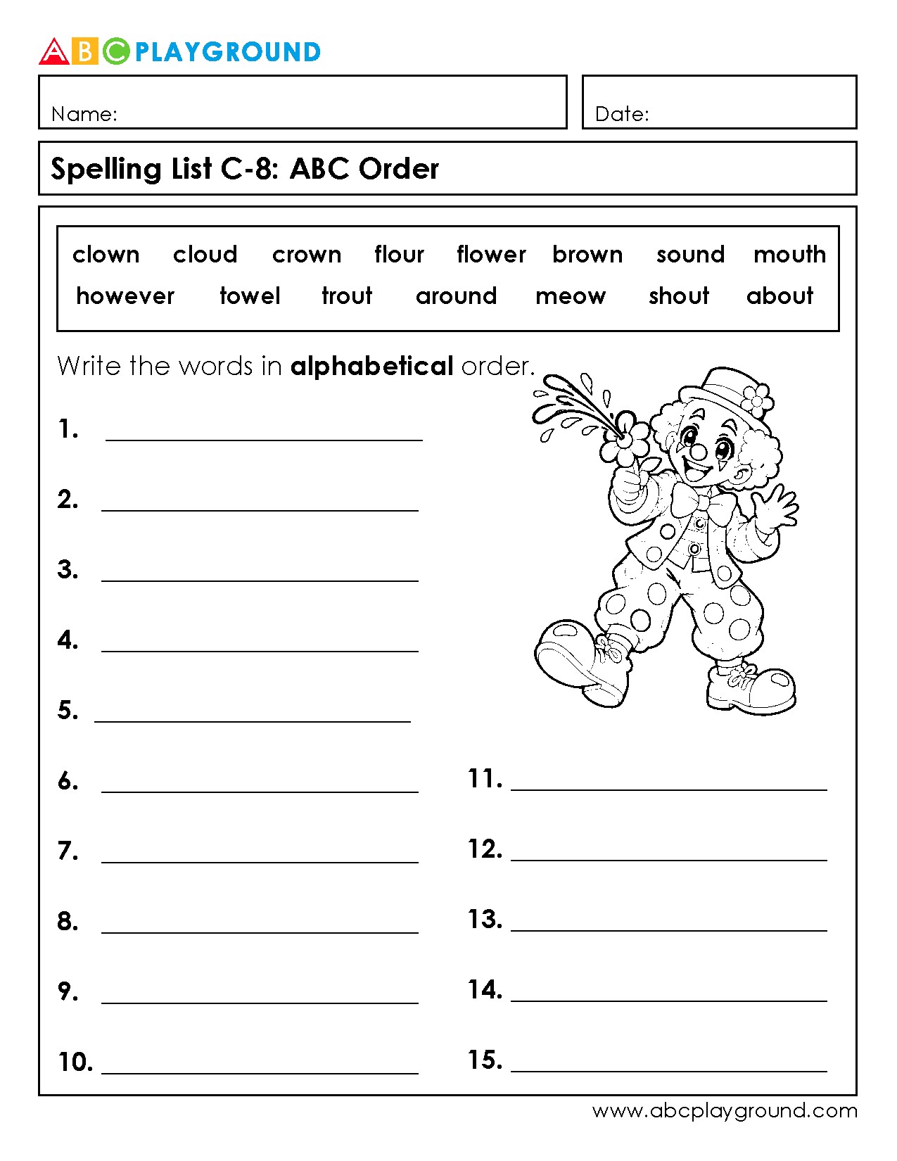 C8 Alphabetical Order Spelling Words Practice Worksheet