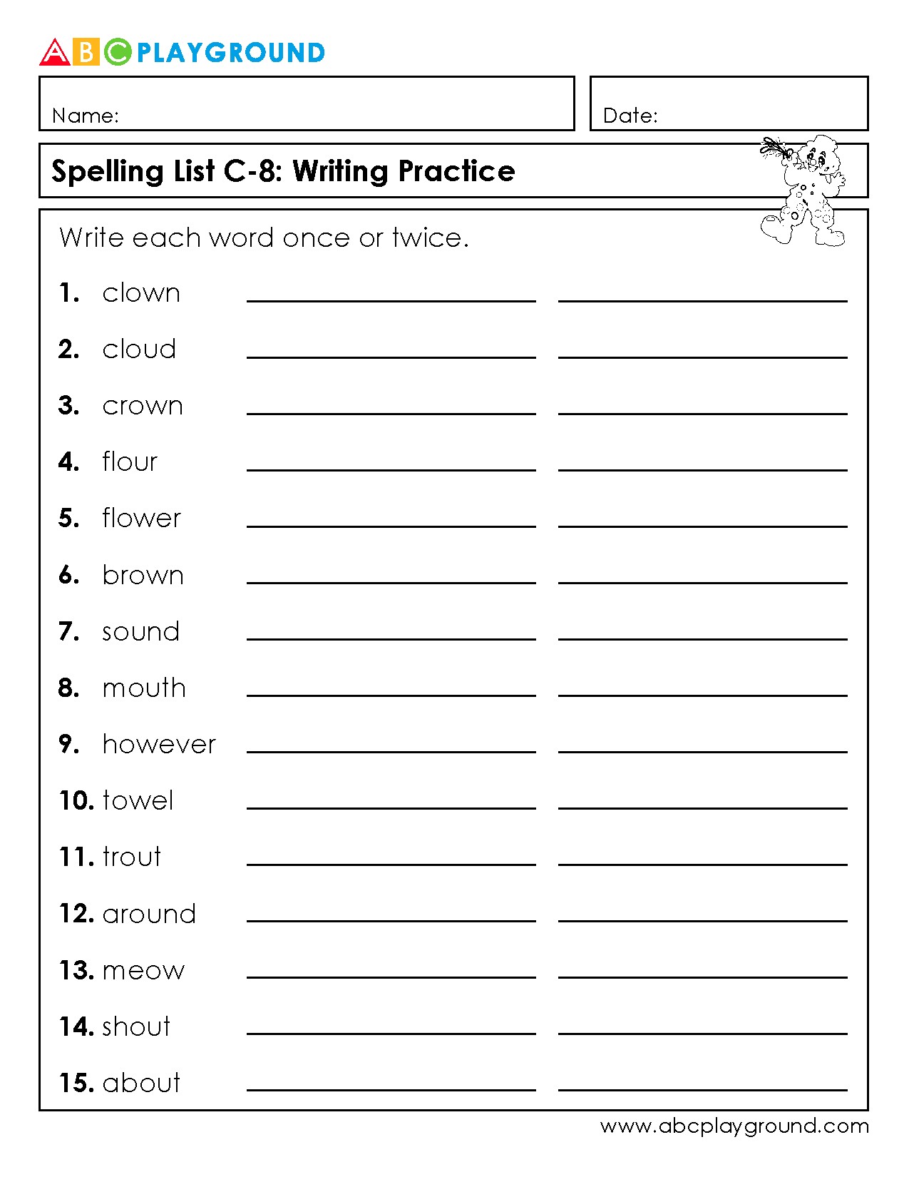 C8 Spelling List Writing Practice Worksheet