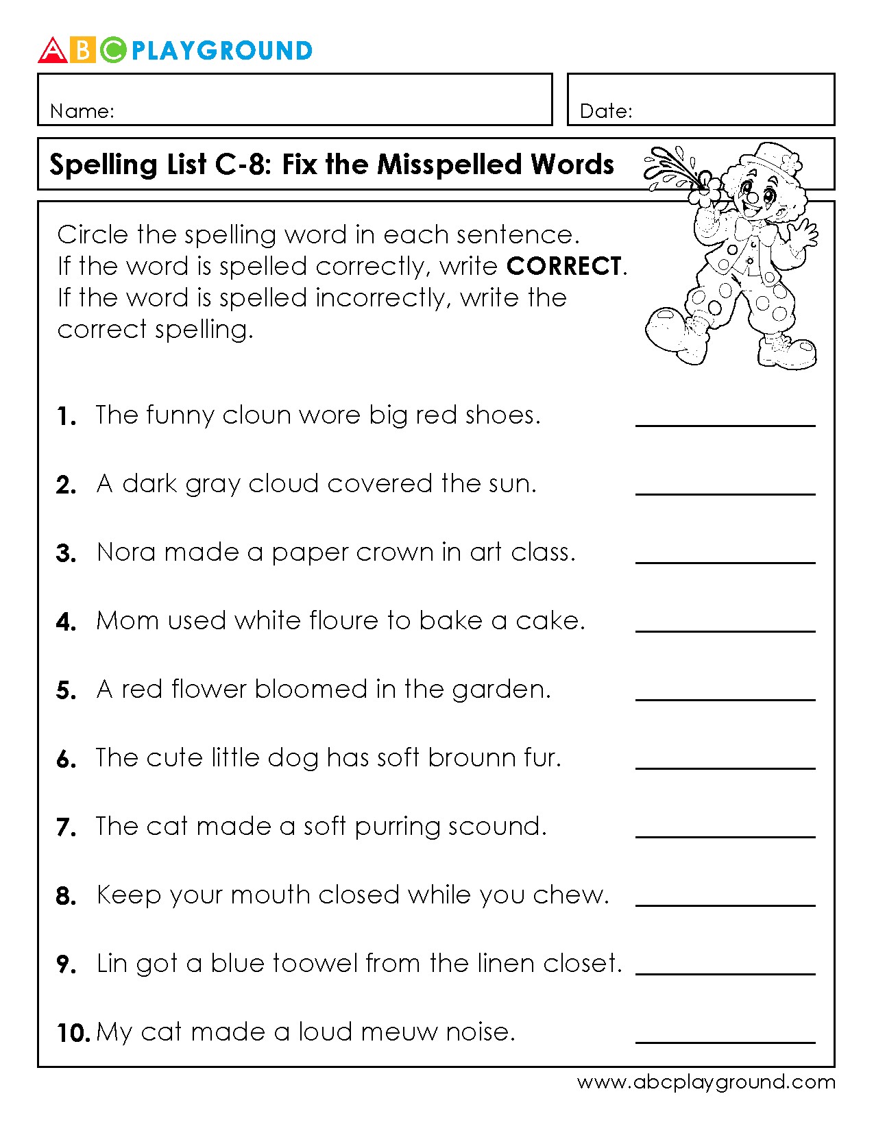 C8 Fix the Misspelled Words Spelling Practice Worksheet