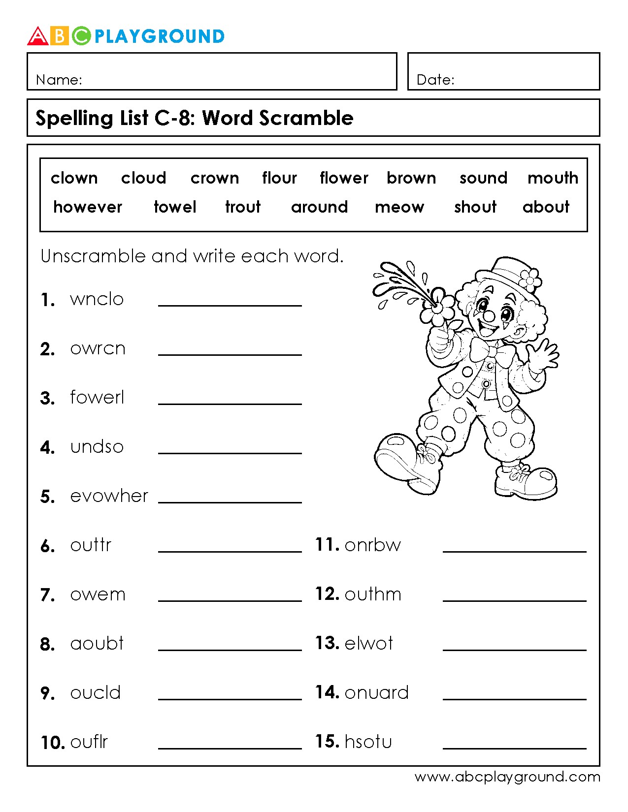 C8 Word Scramble Spelling Practice Worksheet