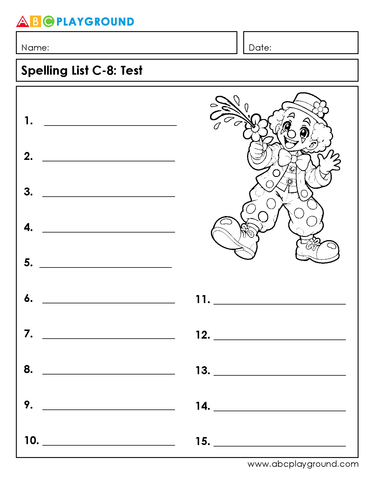 C8 Printable Spelling Test Worksheet with Clown Illustration