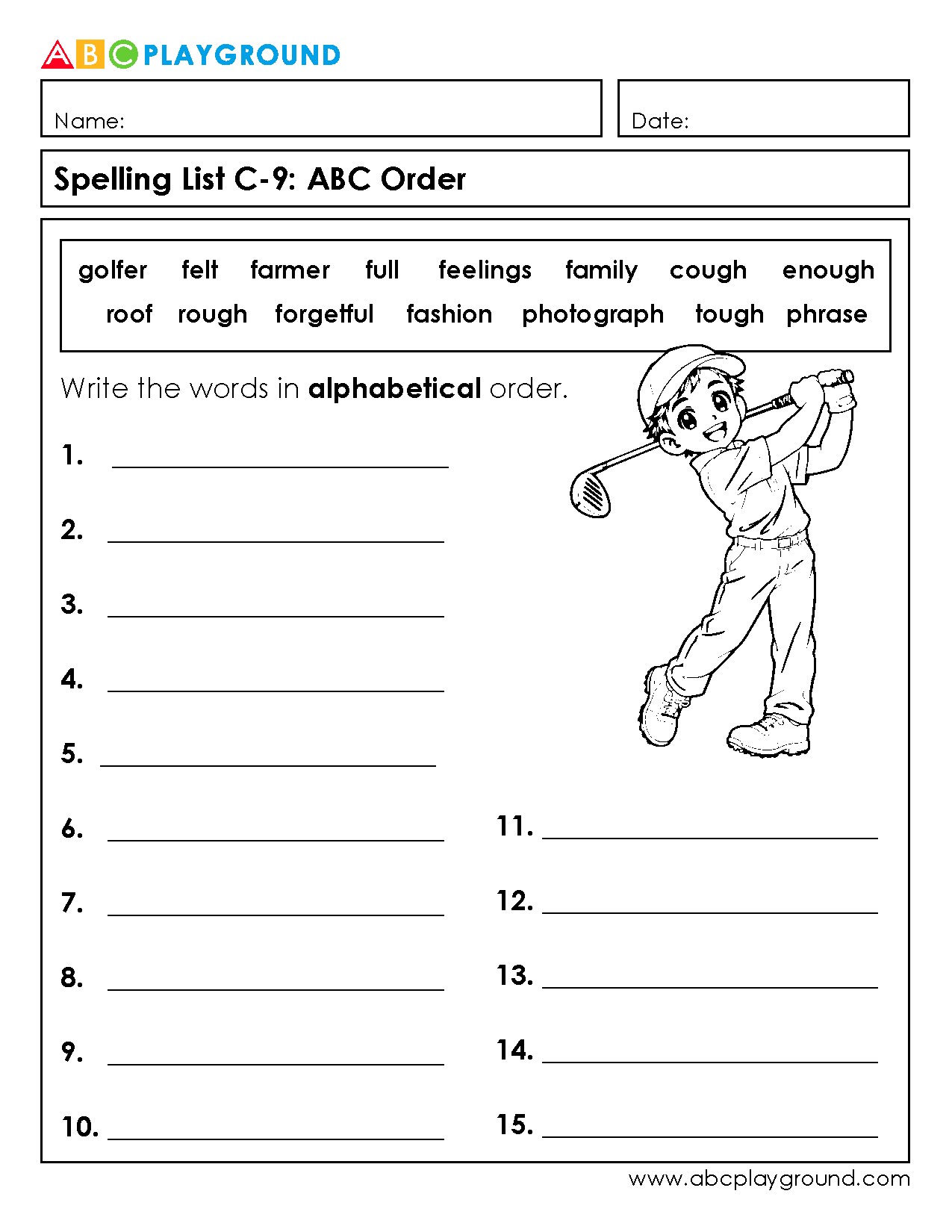 C9 Spelling Practice: Arrange Words in Alphabetical Order