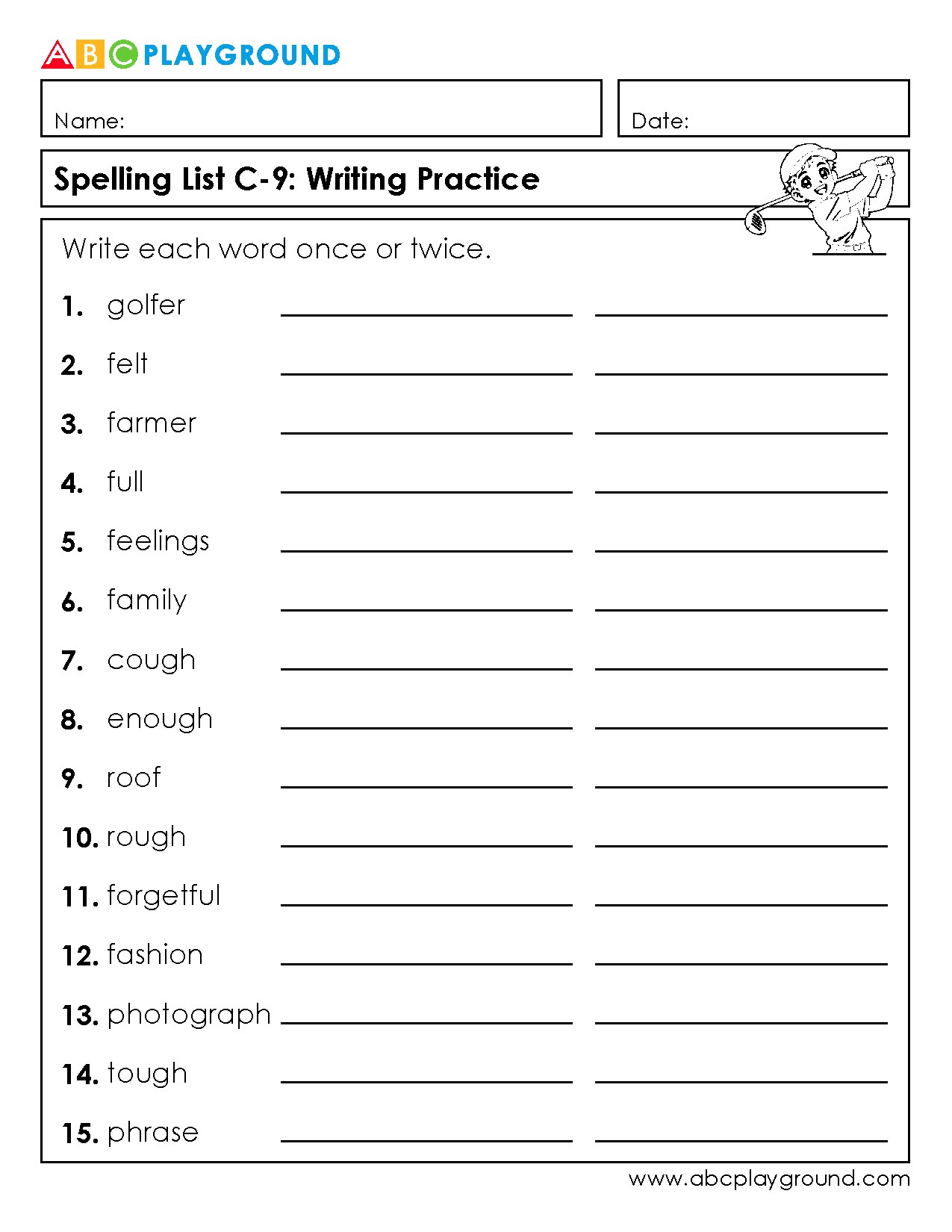C9 Spelling List Writing Practice Worksheet