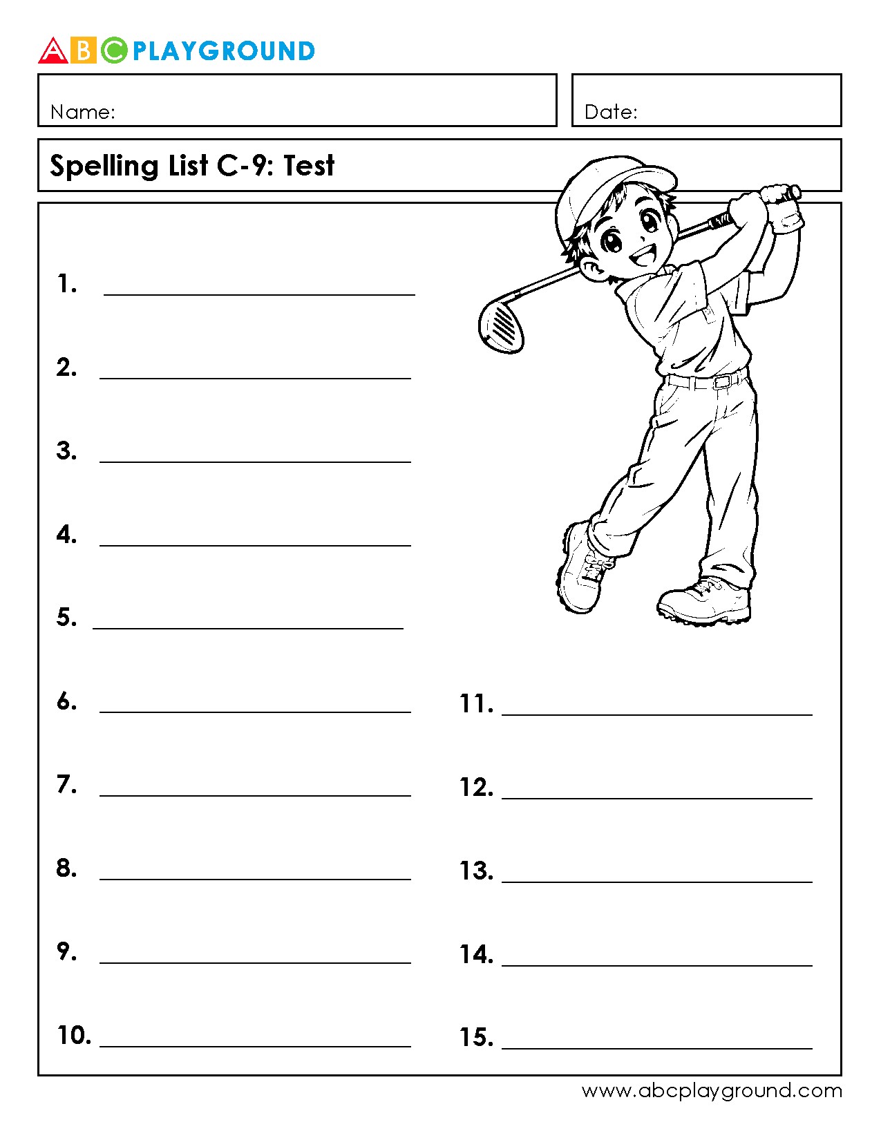 C9 Printable Spelling Test Worksheet with 15 Word Spaces