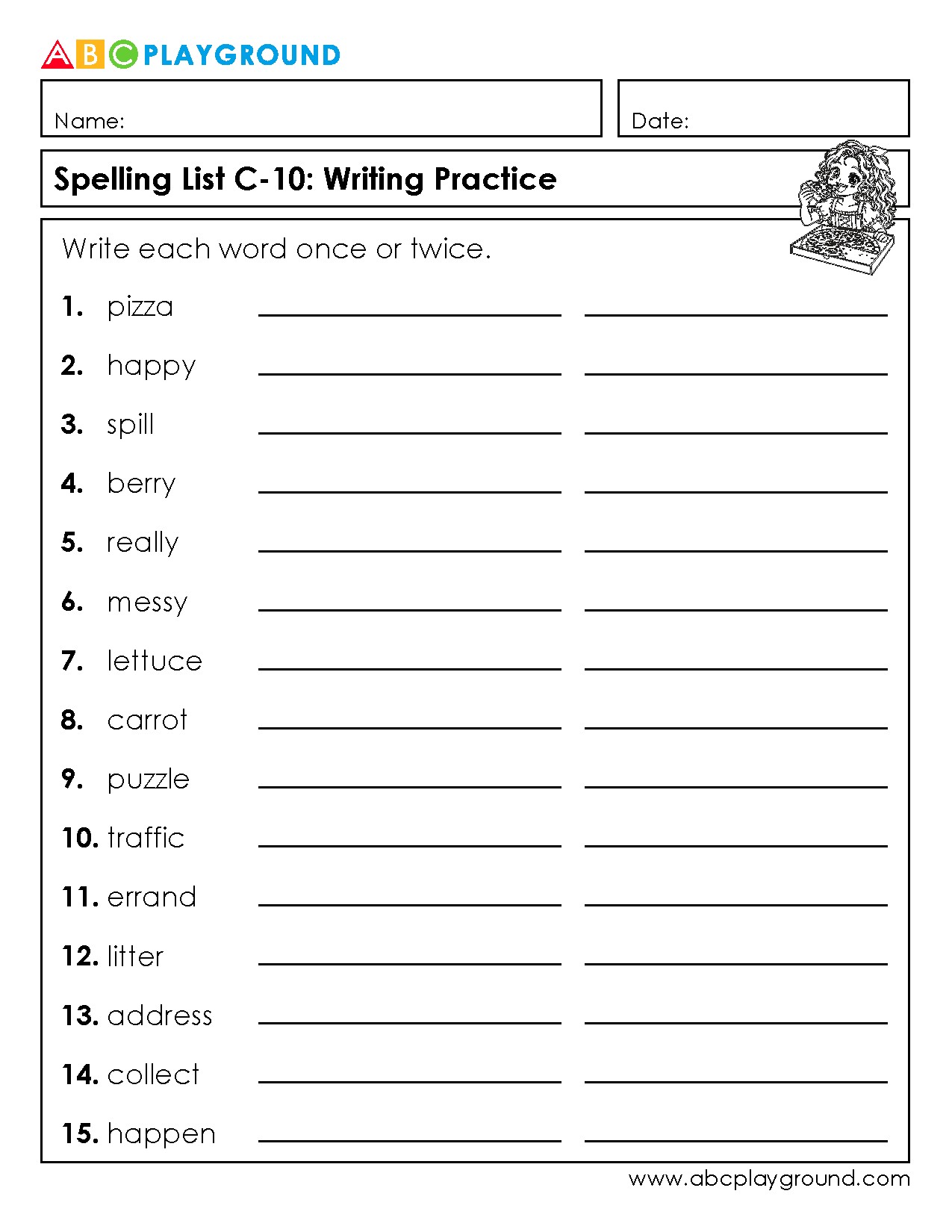 C10 Spelling List Writing Practice Worksheet