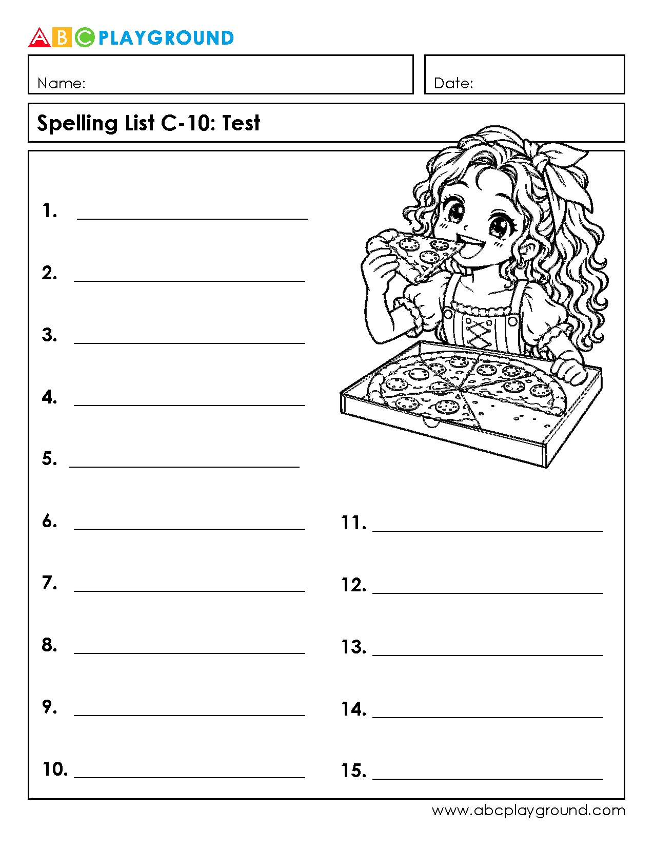 C10 Printable Spelling Test Worksheet with 15 Word Spaces