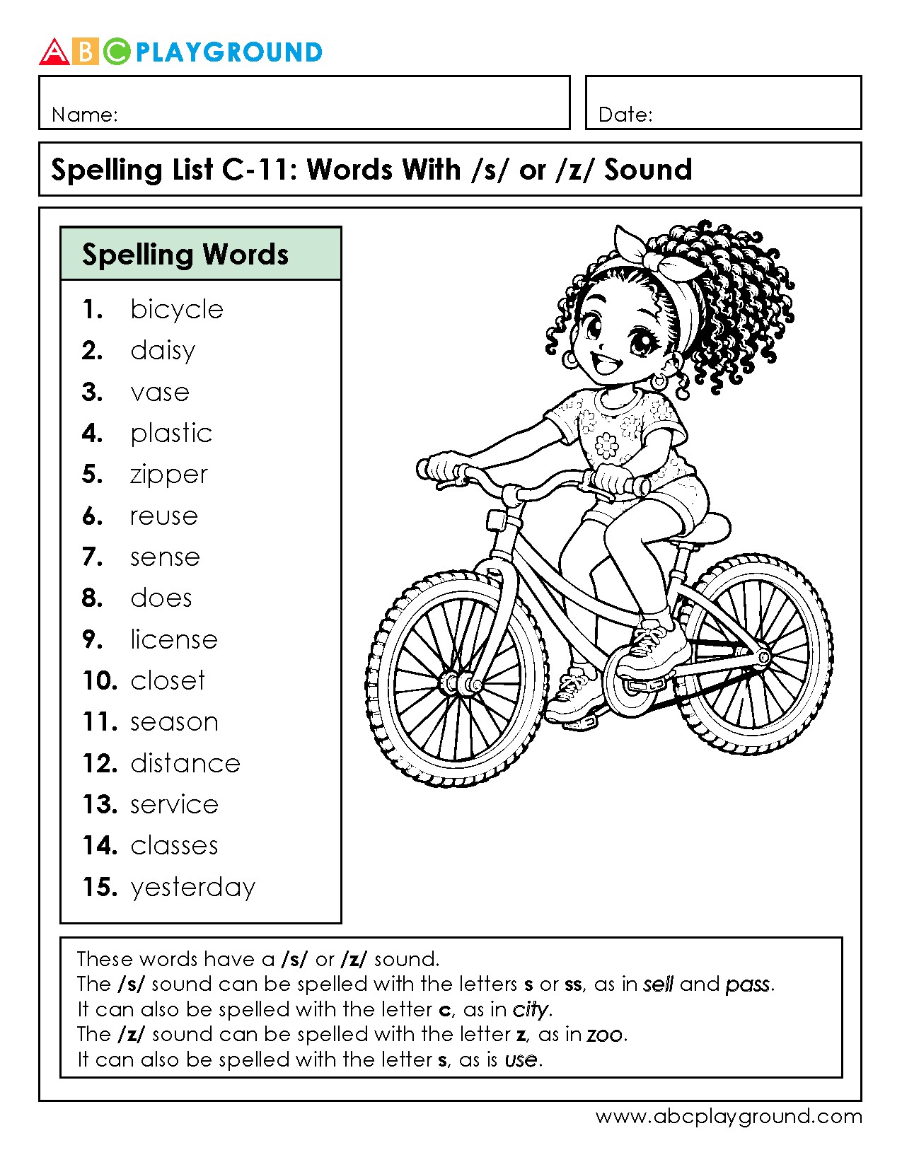 C11 Spelling List: Words with /s/ and /z/ Sounds Practice