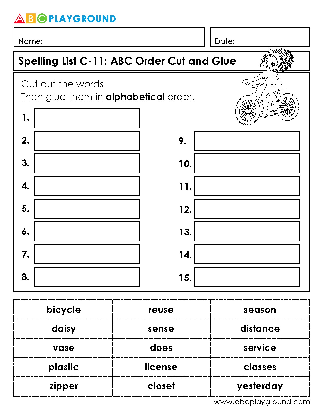 C11 Cut and Glue Words in Alphabetical Order Worksheet