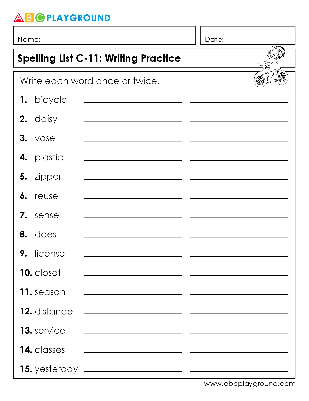 C11 Spelling List Writing Practice Worksheet