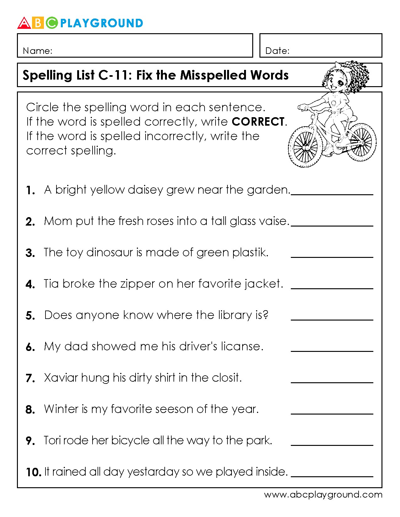 C11 Spelling Practice Worksheet: Correcting Misspelled Words