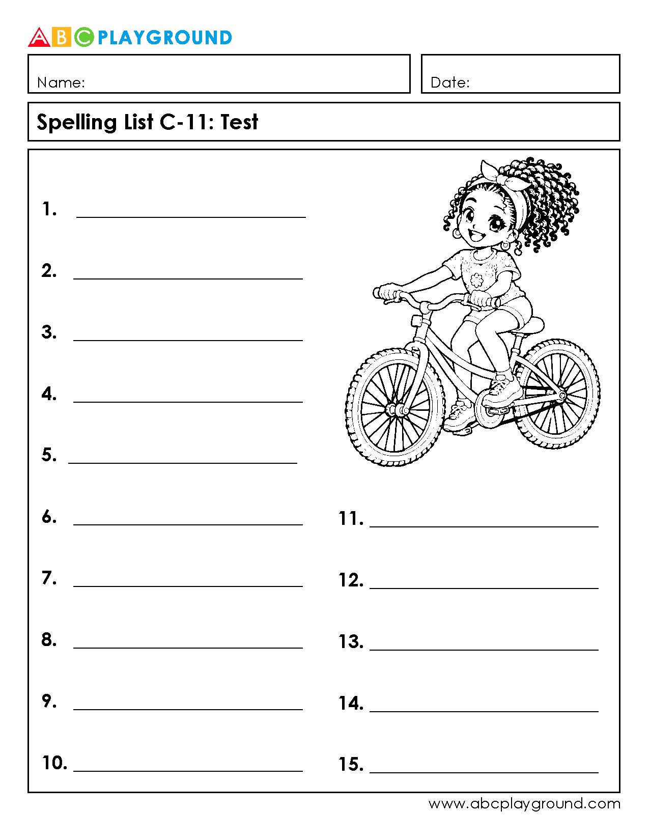 C11 Printable Spelling Test Worksheet with 15 Words
