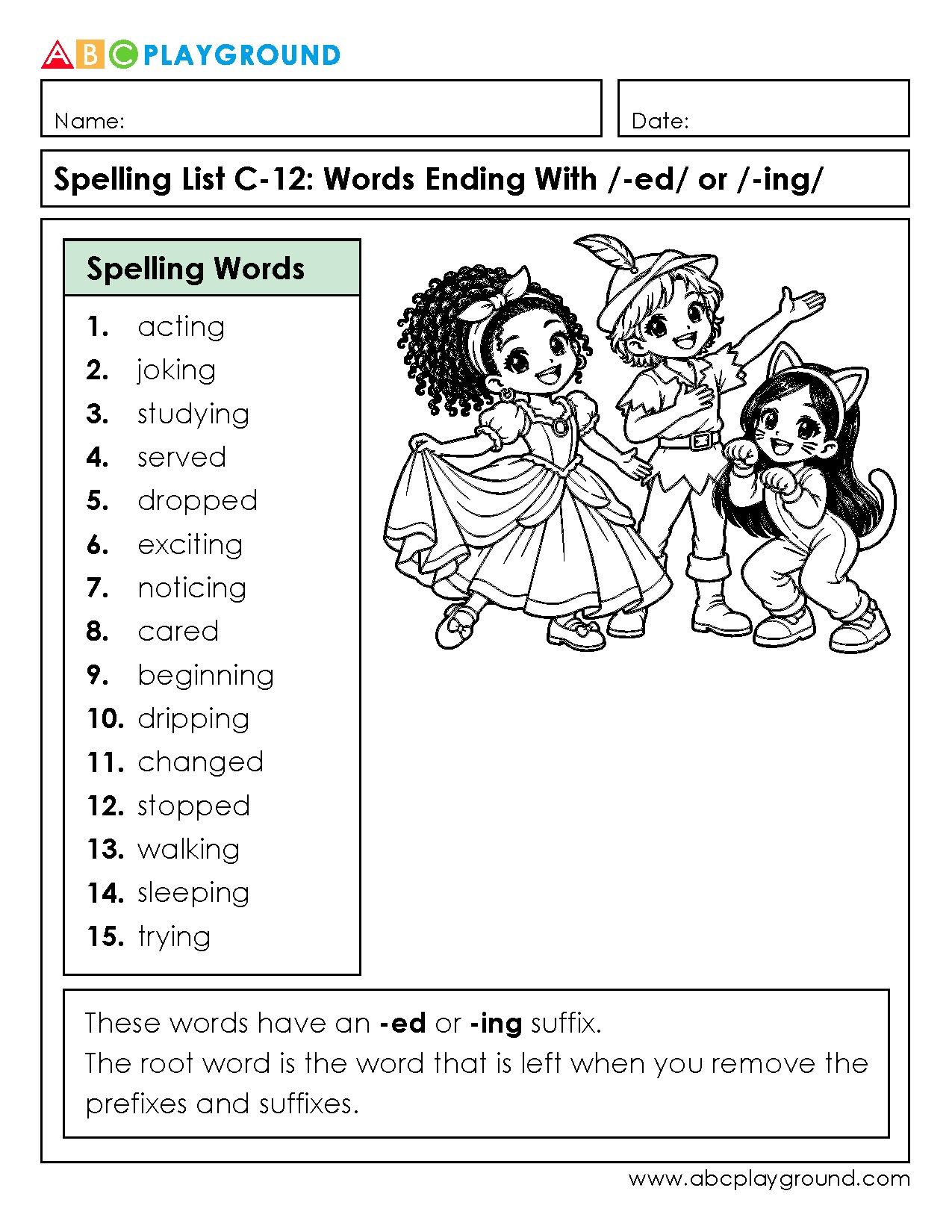 C12 Spelling Practice with Words Ending in -ed and -ing