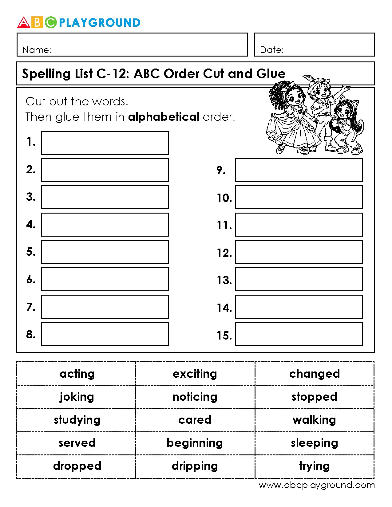 C12 Alphabetical Order Cut and Glue Spelling Activity