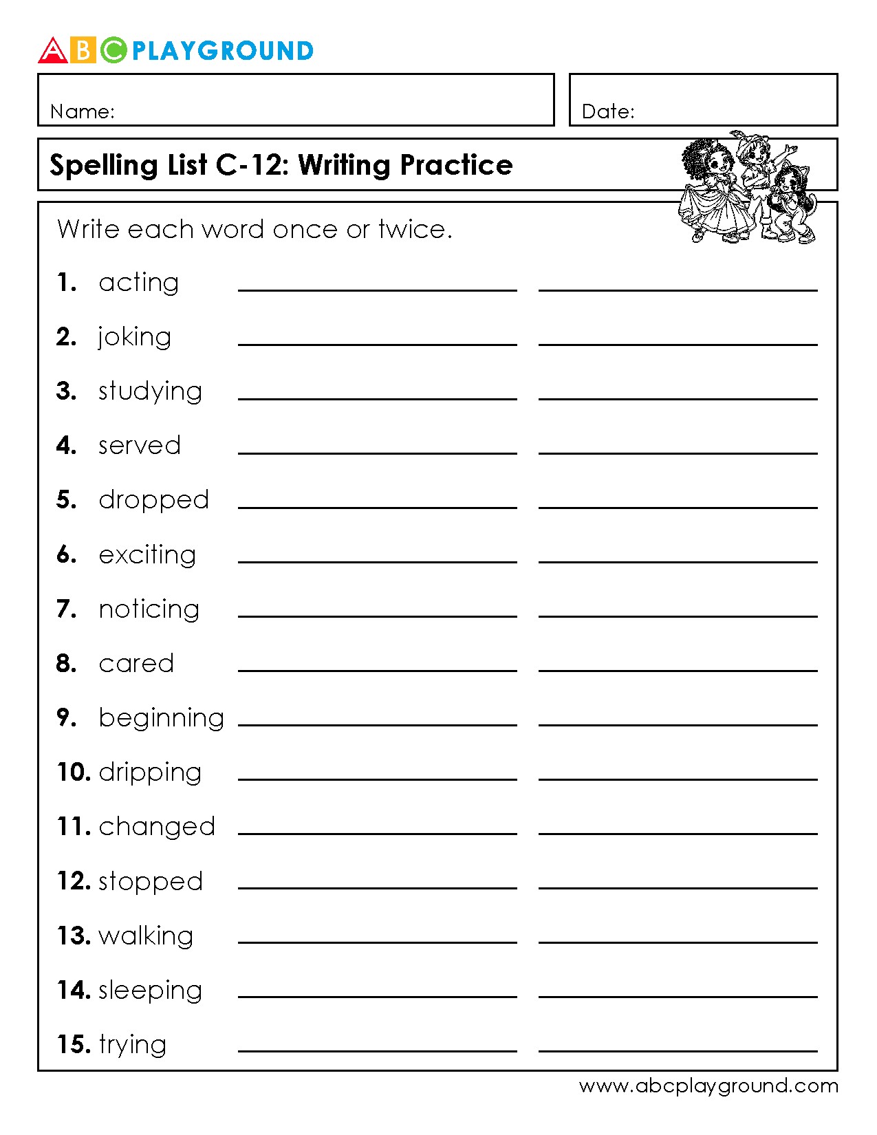 C12 Spelling Practice Worksheet for Common -ing and -ed Words