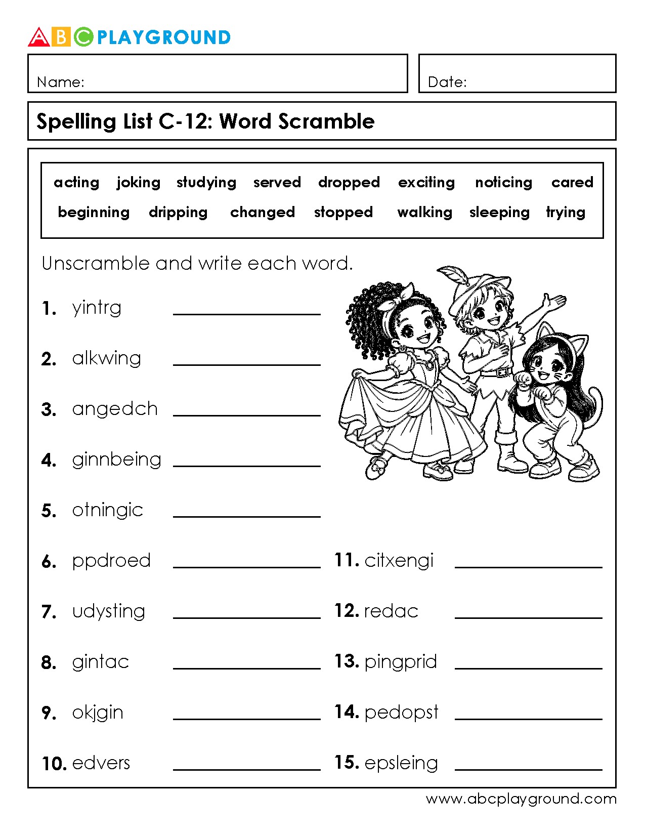 C12 Word Scramble Spelling Practice with Common Verbs