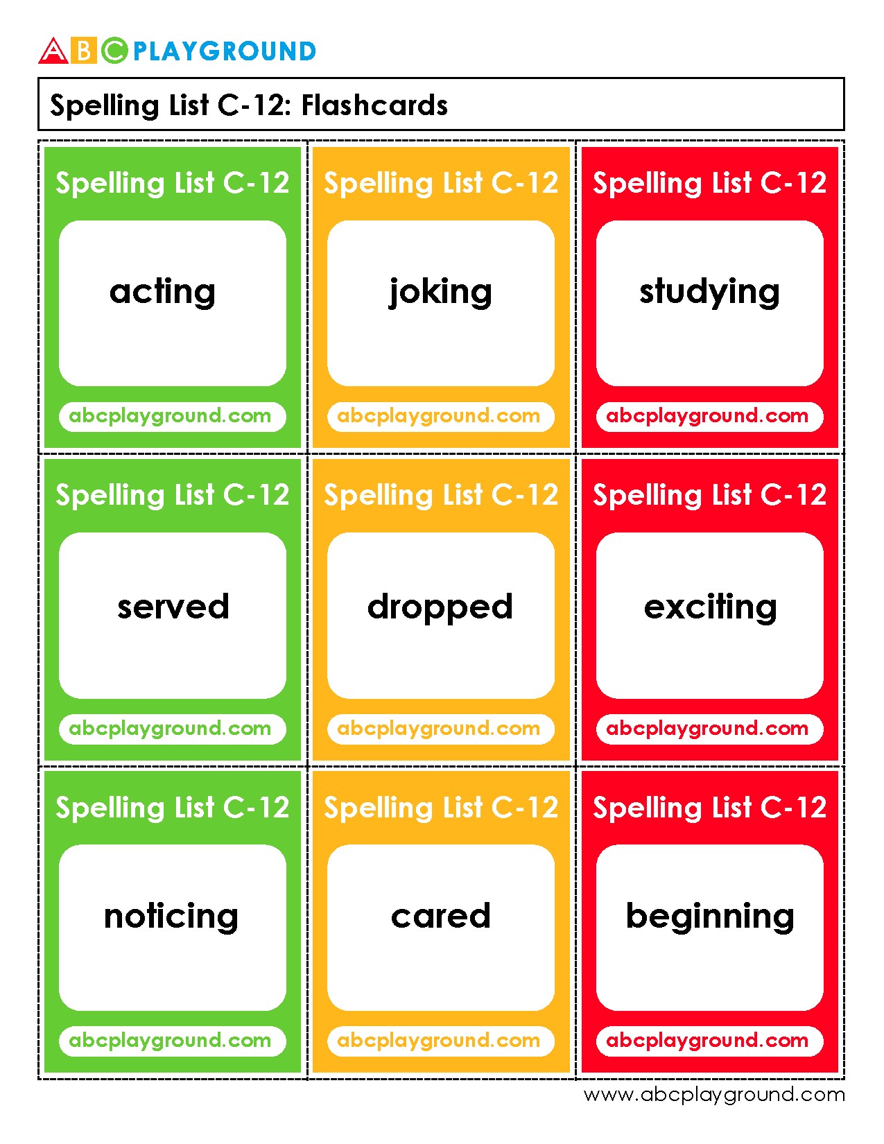 C12 Printable Flashcards for Advanced Spelling Practice