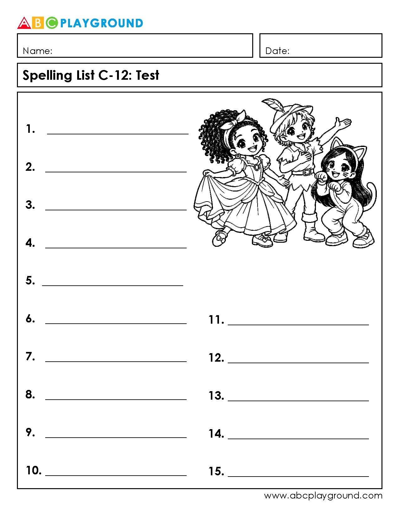 C12 Printable Spelling Test Worksheet with 15 Word Blanks