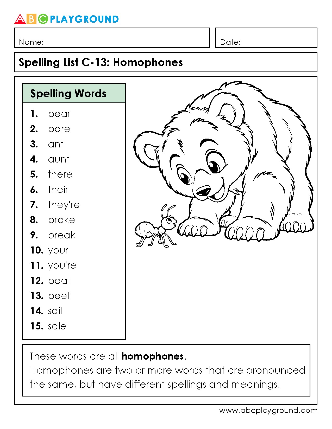 Spelling List of Common Homophones for Practice