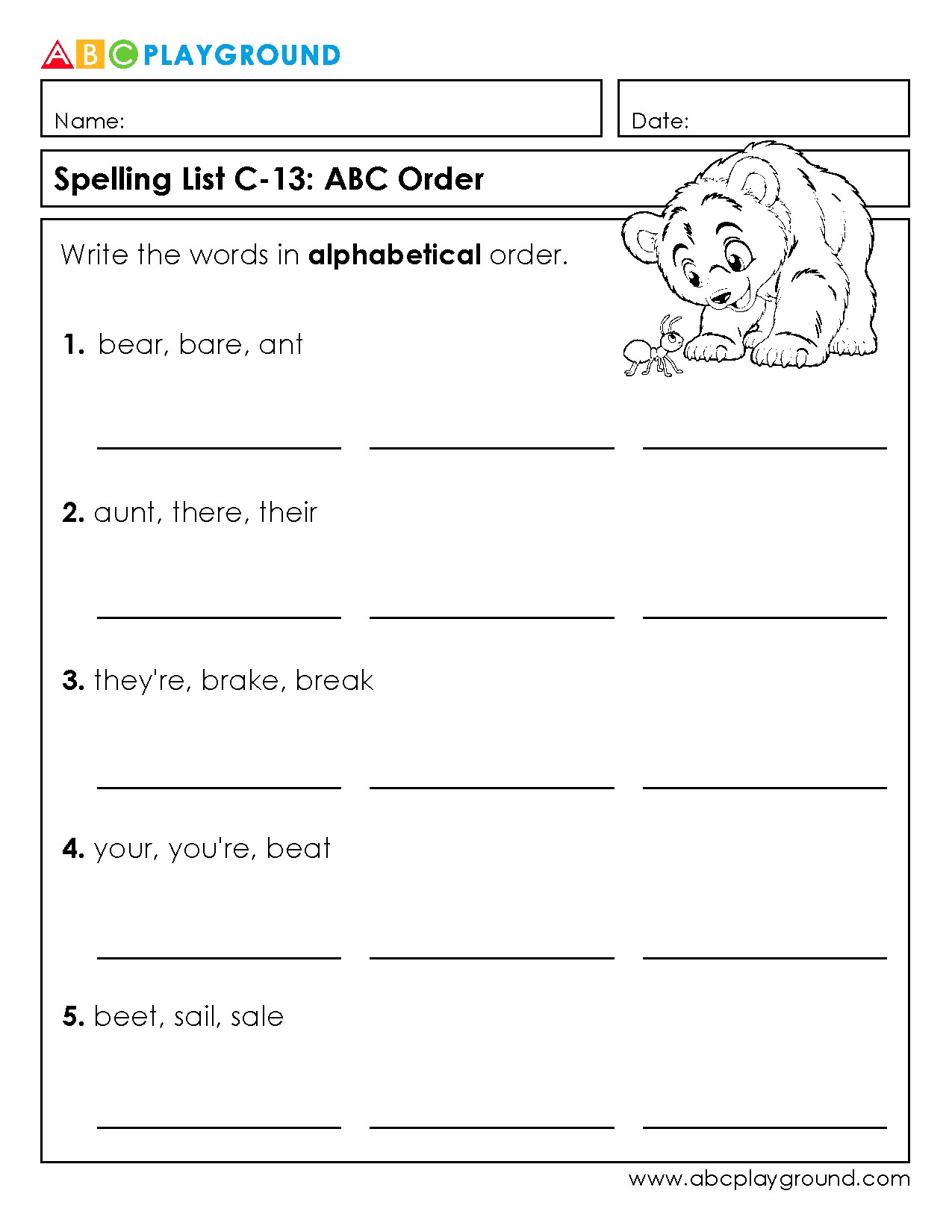 C13 Spelling Practice: Arrange Words in Alphabetical Order