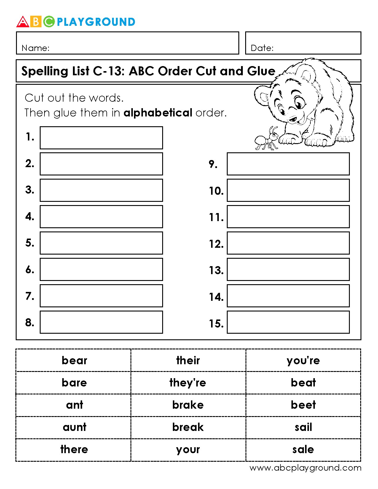 C13 Cut and Glue Words in Alphabetical Order Worksheet