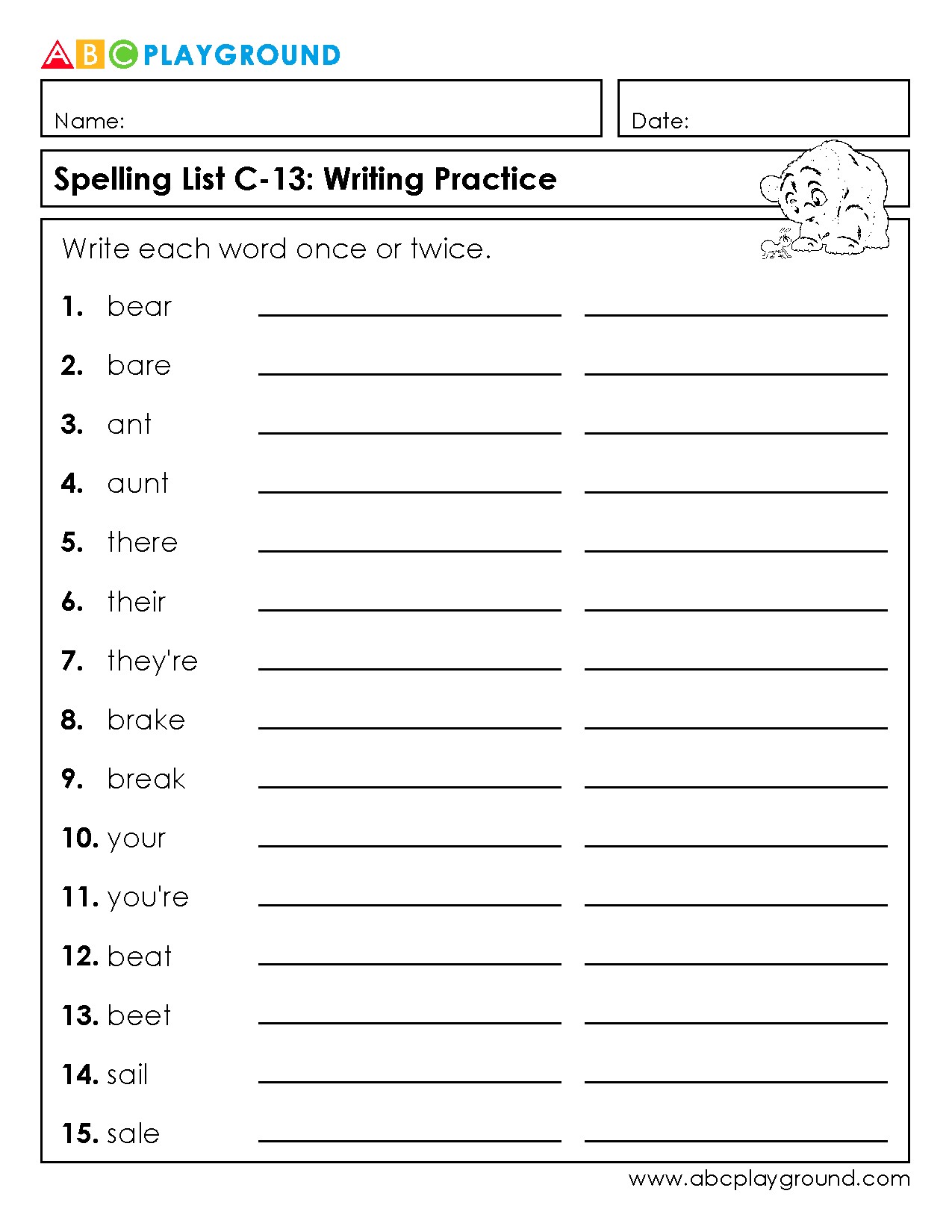 C13 Spelling List Writing Practice with Commonly Confused Words