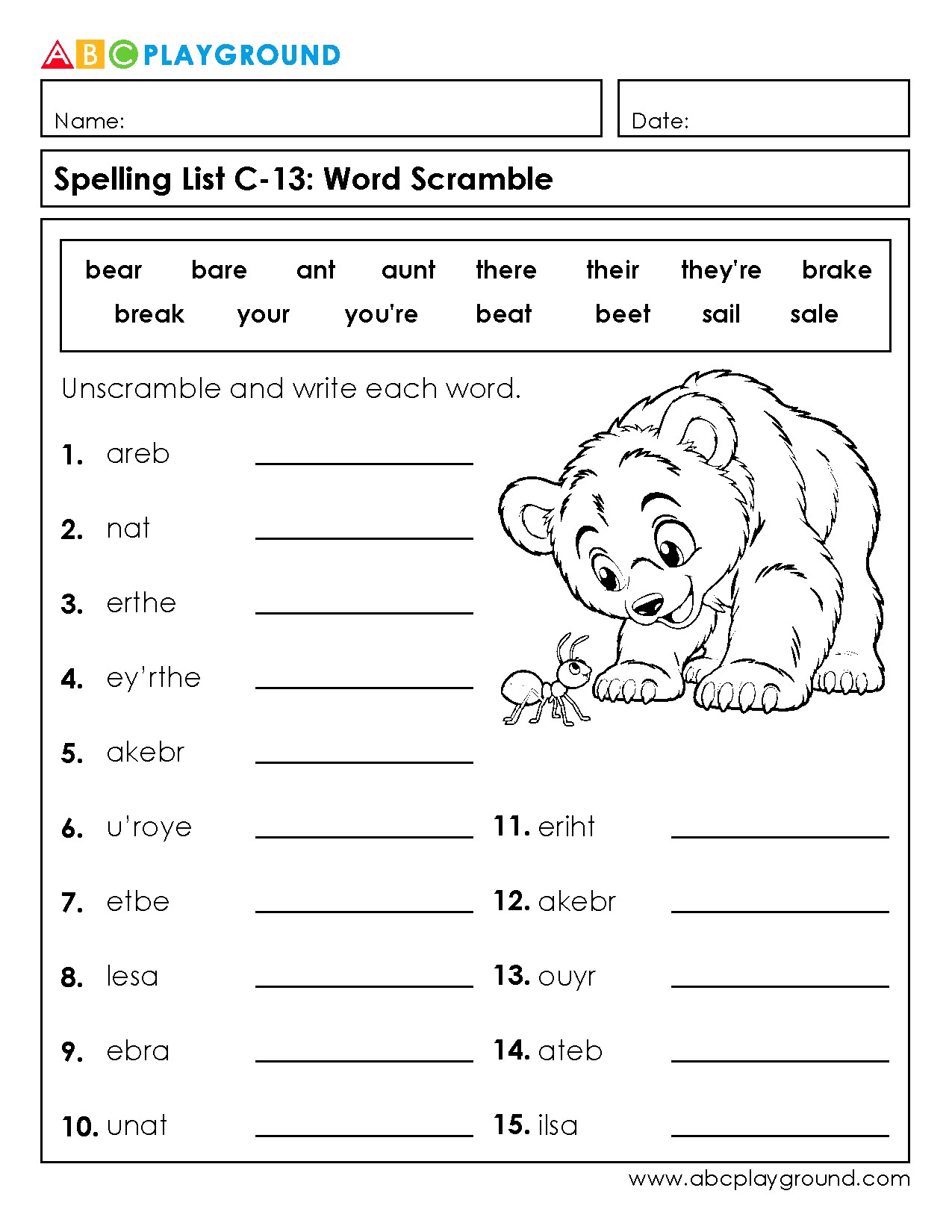 C13 Word Scramble Spelling Practice for Common Words