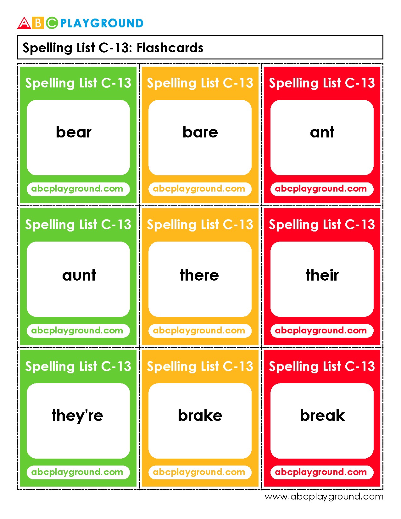 C13 Spelling Flashcards for Common Homophones and Vocabulary Words
