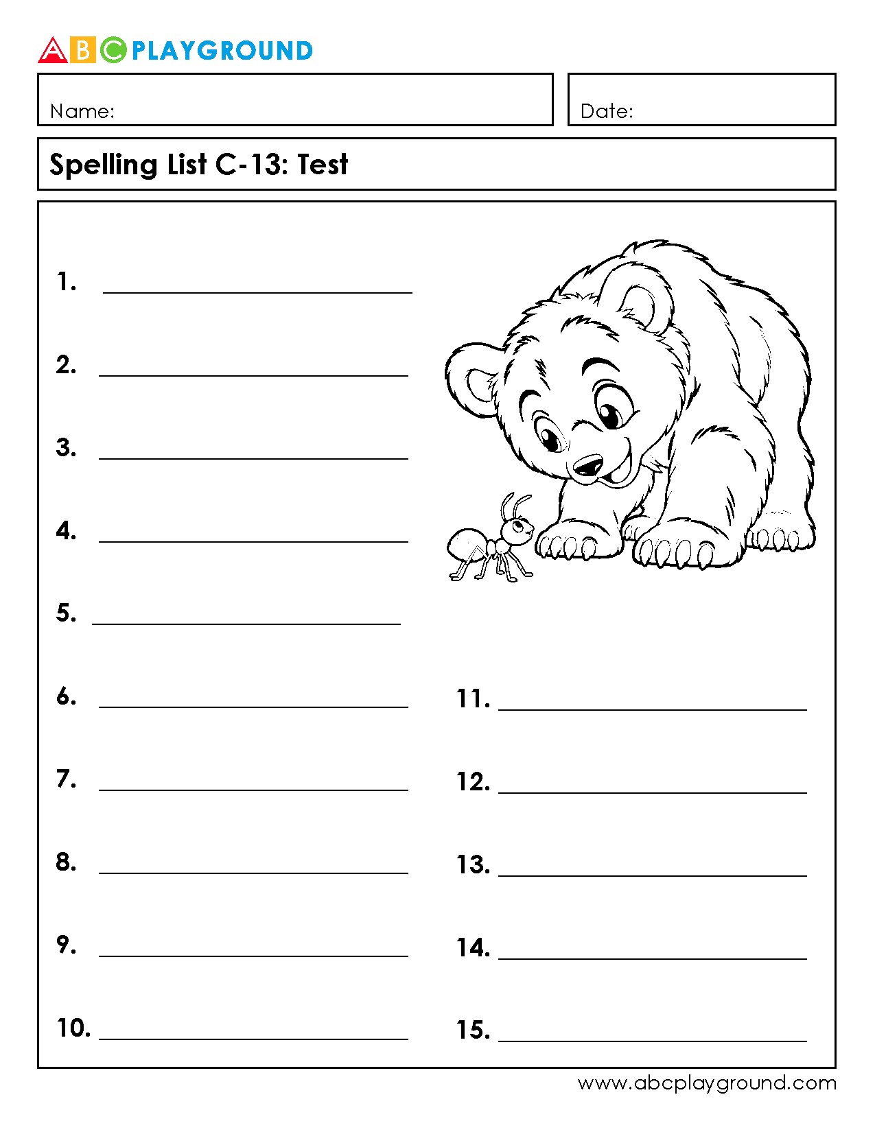 C13 Printable Spelling Test Worksheet for Vocabulary Practice