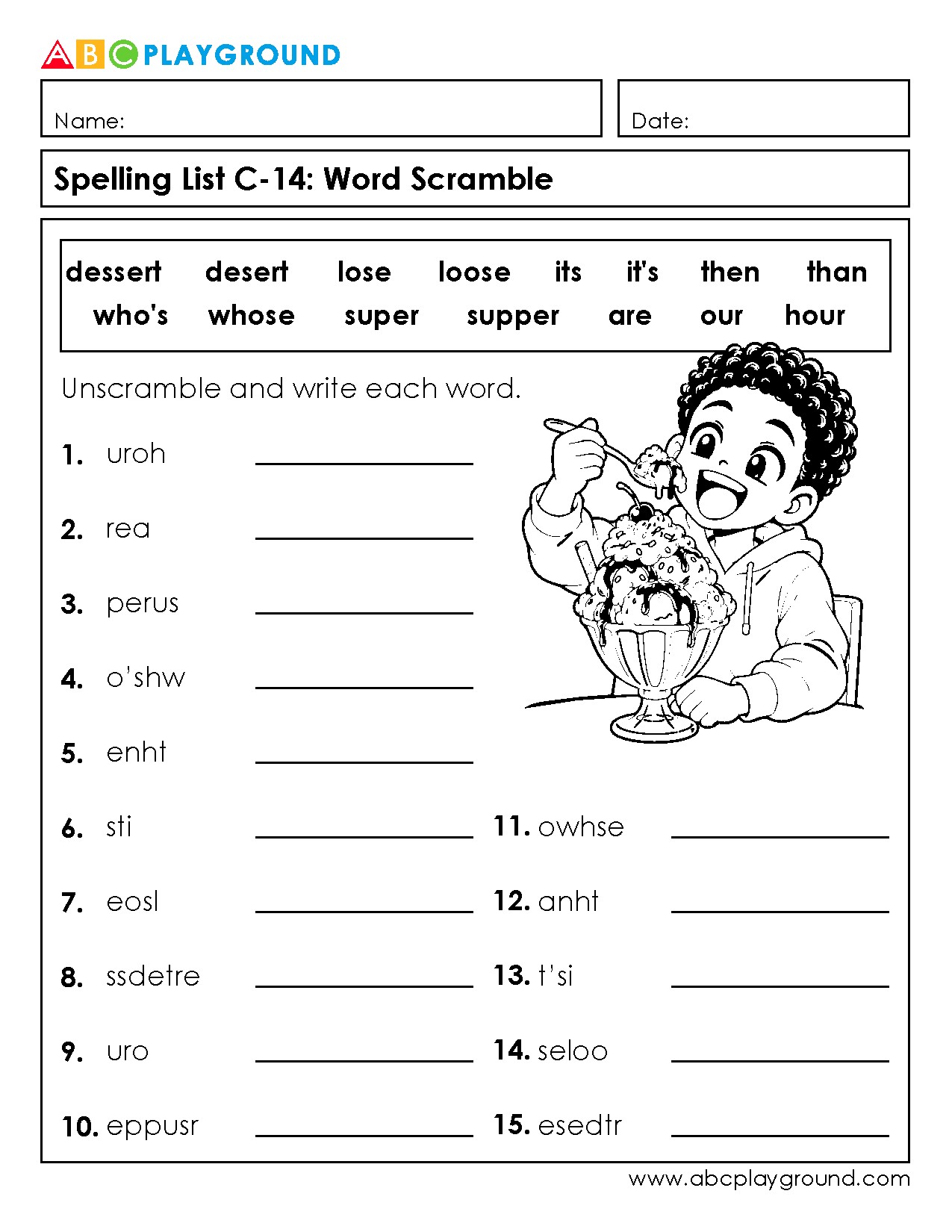 C14 Spelling Word Scramble Worksheet for Vocabulary Practice