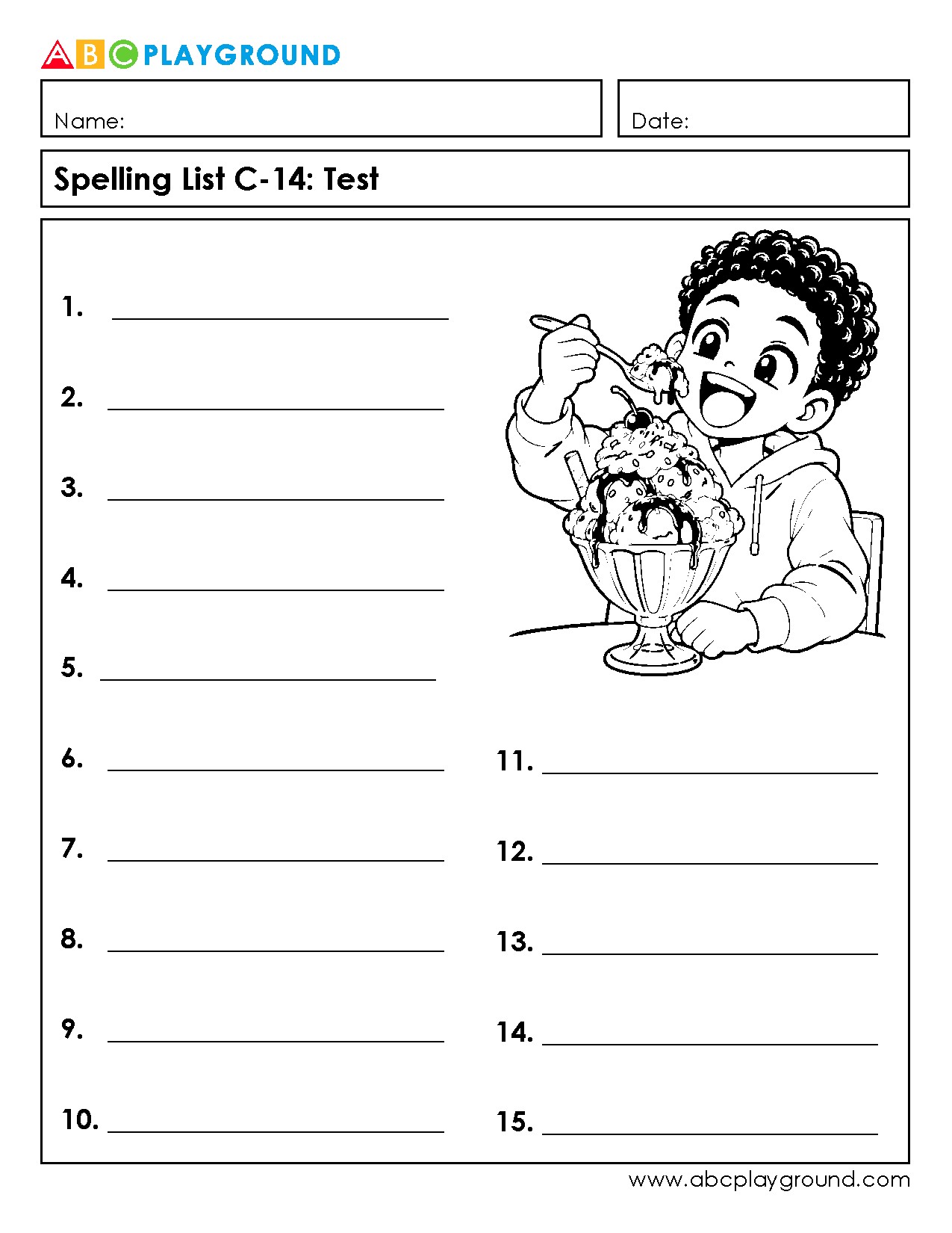 C14 Printable Spelling Test Worksheet with Fun Ice Cream Illustration