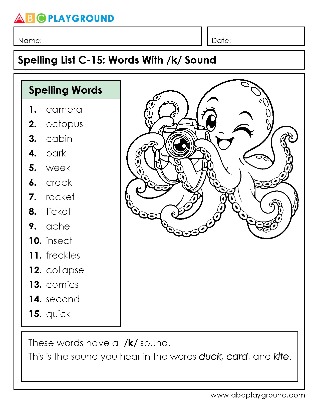 C15 Spelling List Featuring Words With the /k/ Sound