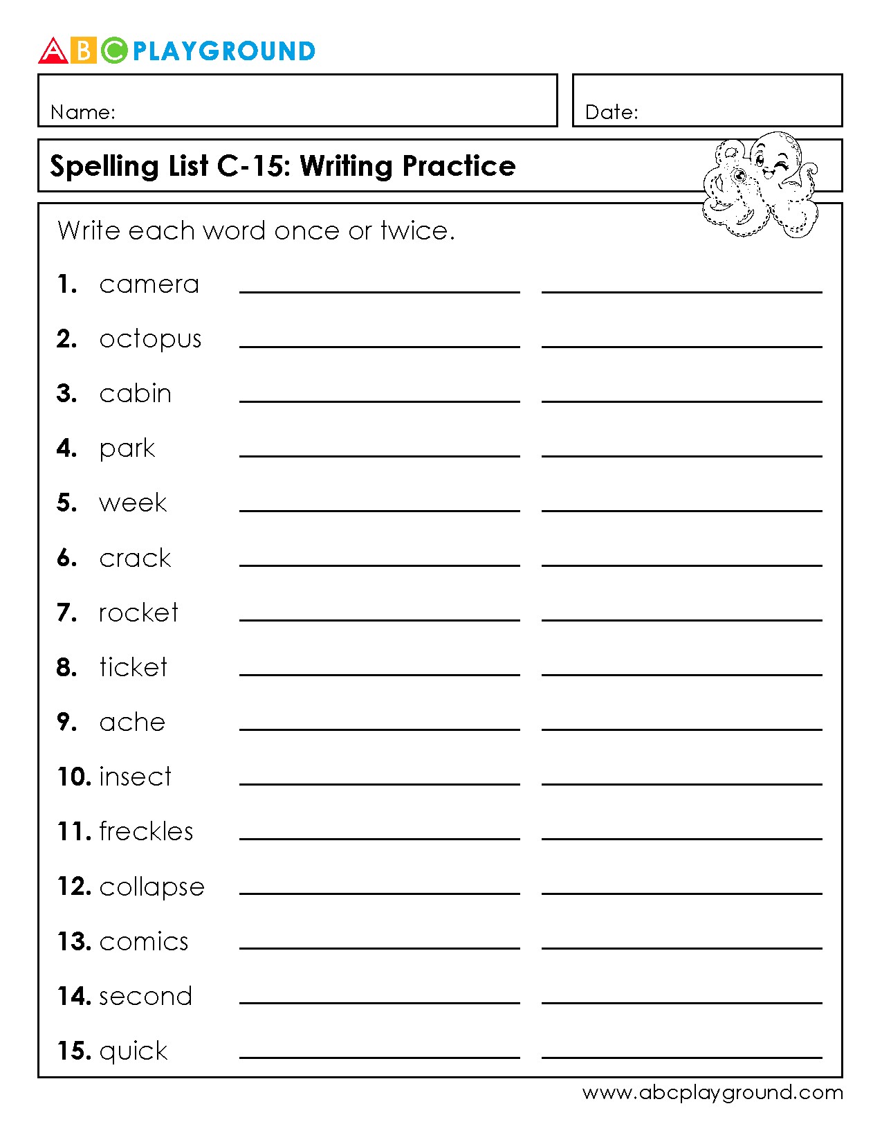 C15 Spelling List and Writing Practice Worksheet