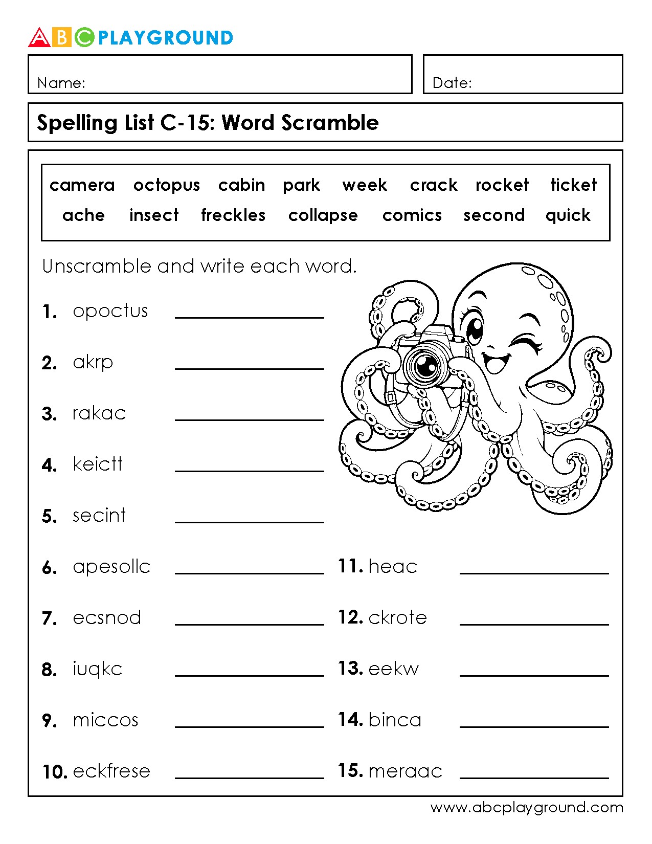 C15 Spelling Word Scramble Practice with Answer Key