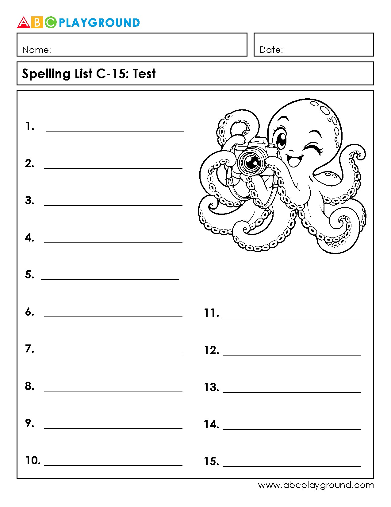 C15 Spelling Test Worksheet with Fun Octopus Theme