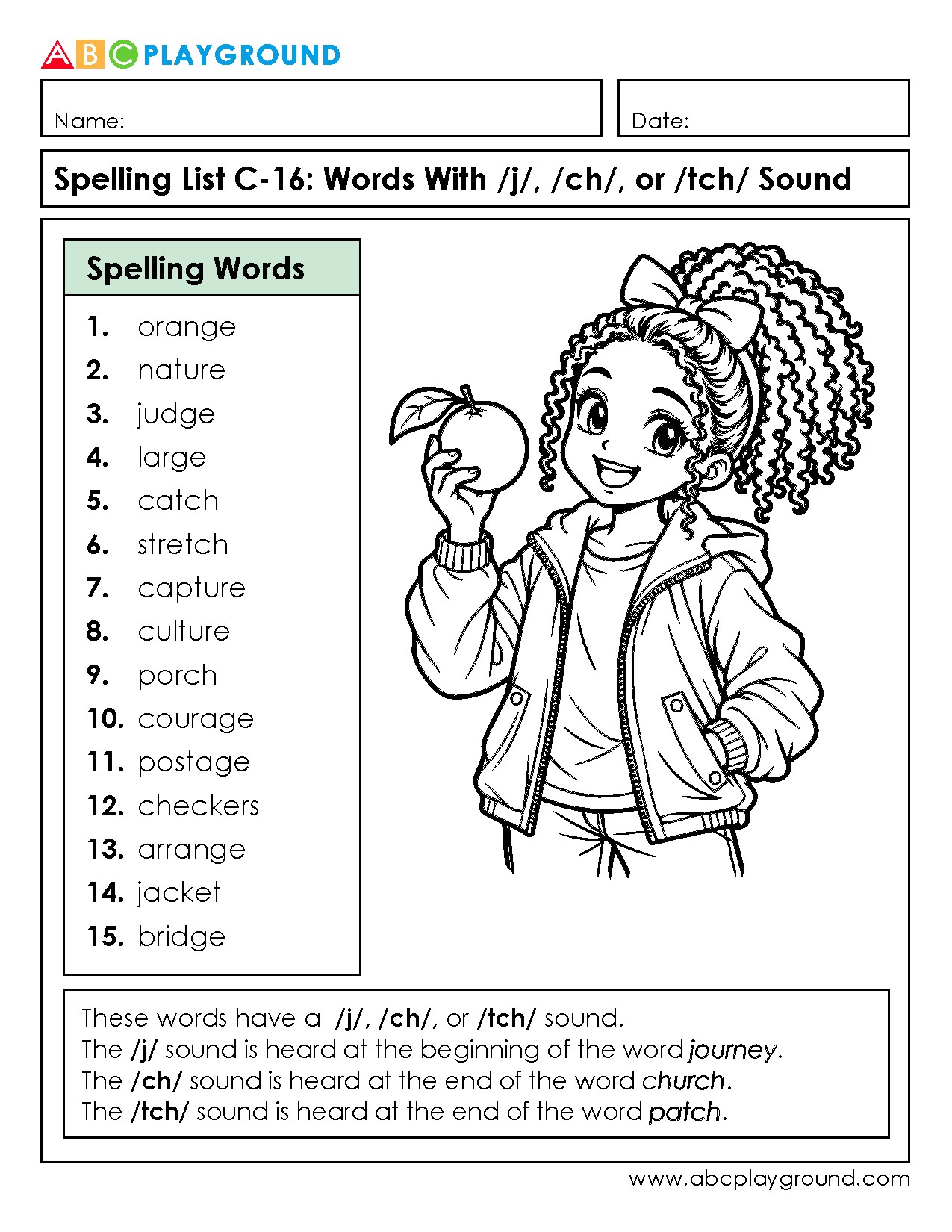 C16 Spelling Words Featuring /j/, /ch/, and /tch/ Sounds