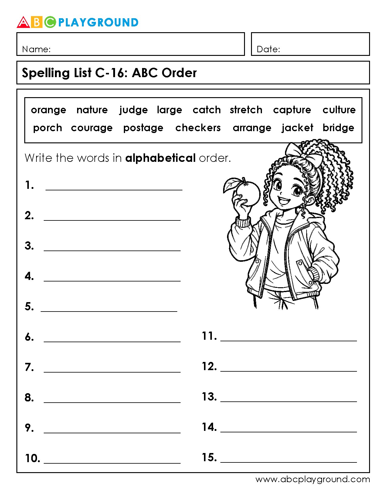 C16 Spelling Practice: Alphabetical Order Worksheet