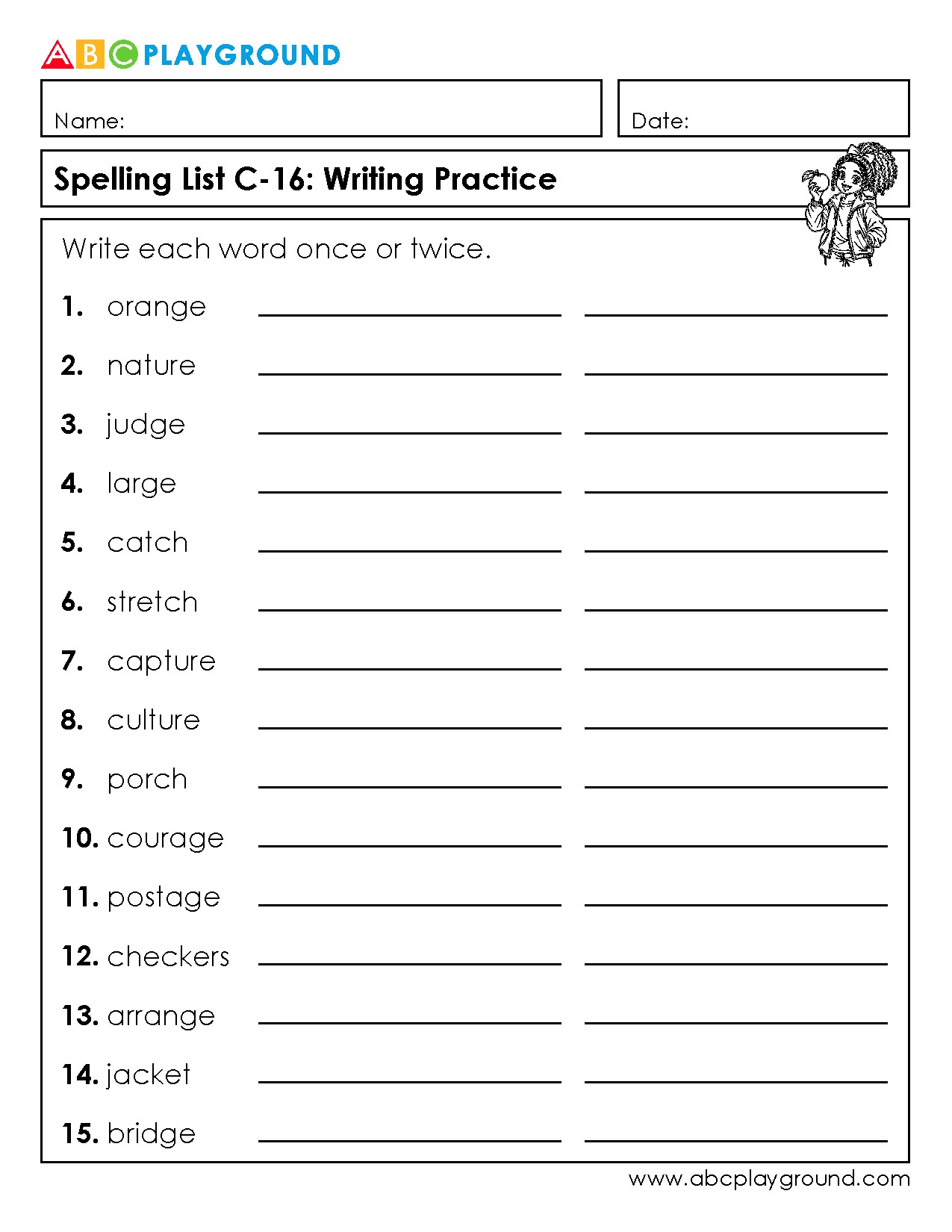 C16 Spelling List Writing Practice Worksheet