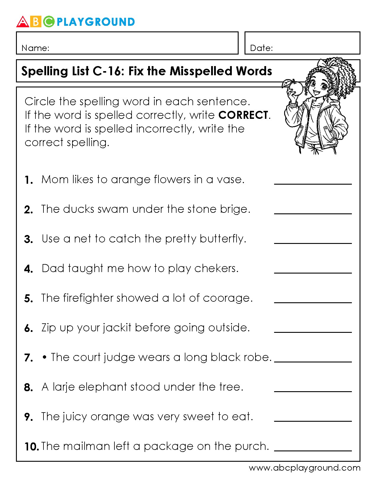 C16 Fix the Misspelled Words: Spelling Practice Worksheet
