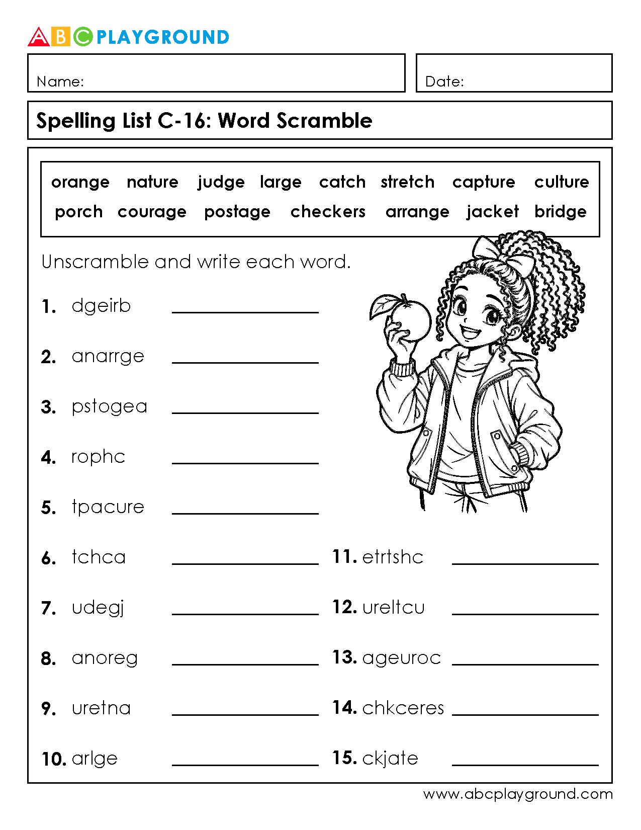 C16 Word Scramble Spelling Practice Worksheet