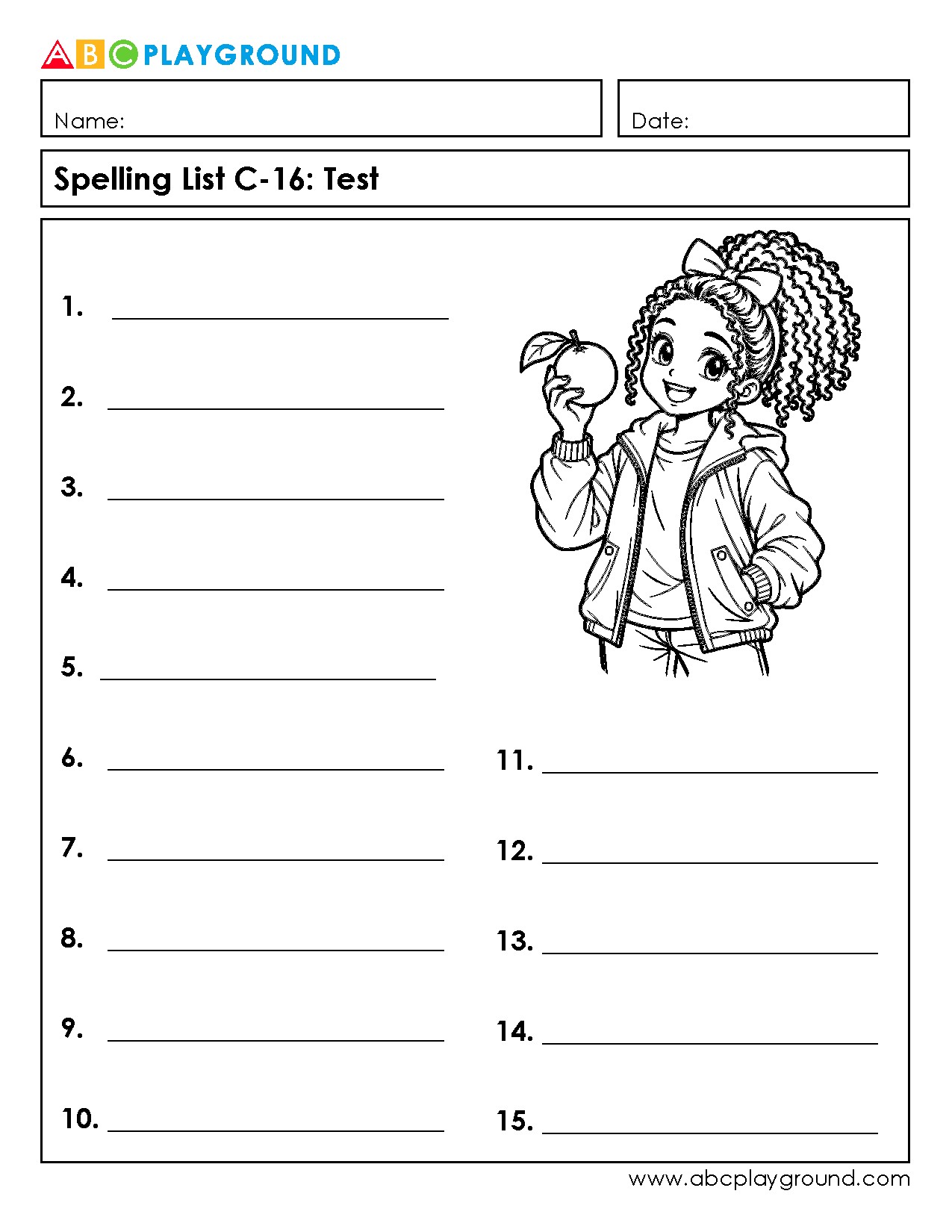 C16 Printable Spelling Test Worksheet for Elementary Students