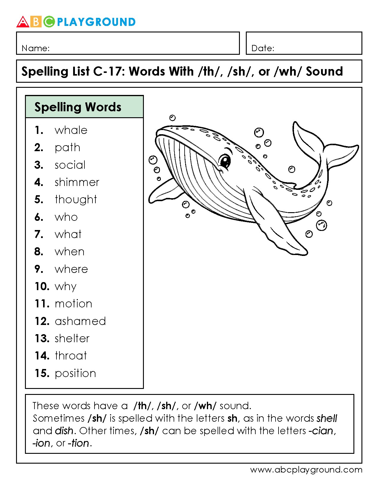 C17 Spelling Words with /th/, /sh/, and /wh/ Sounds