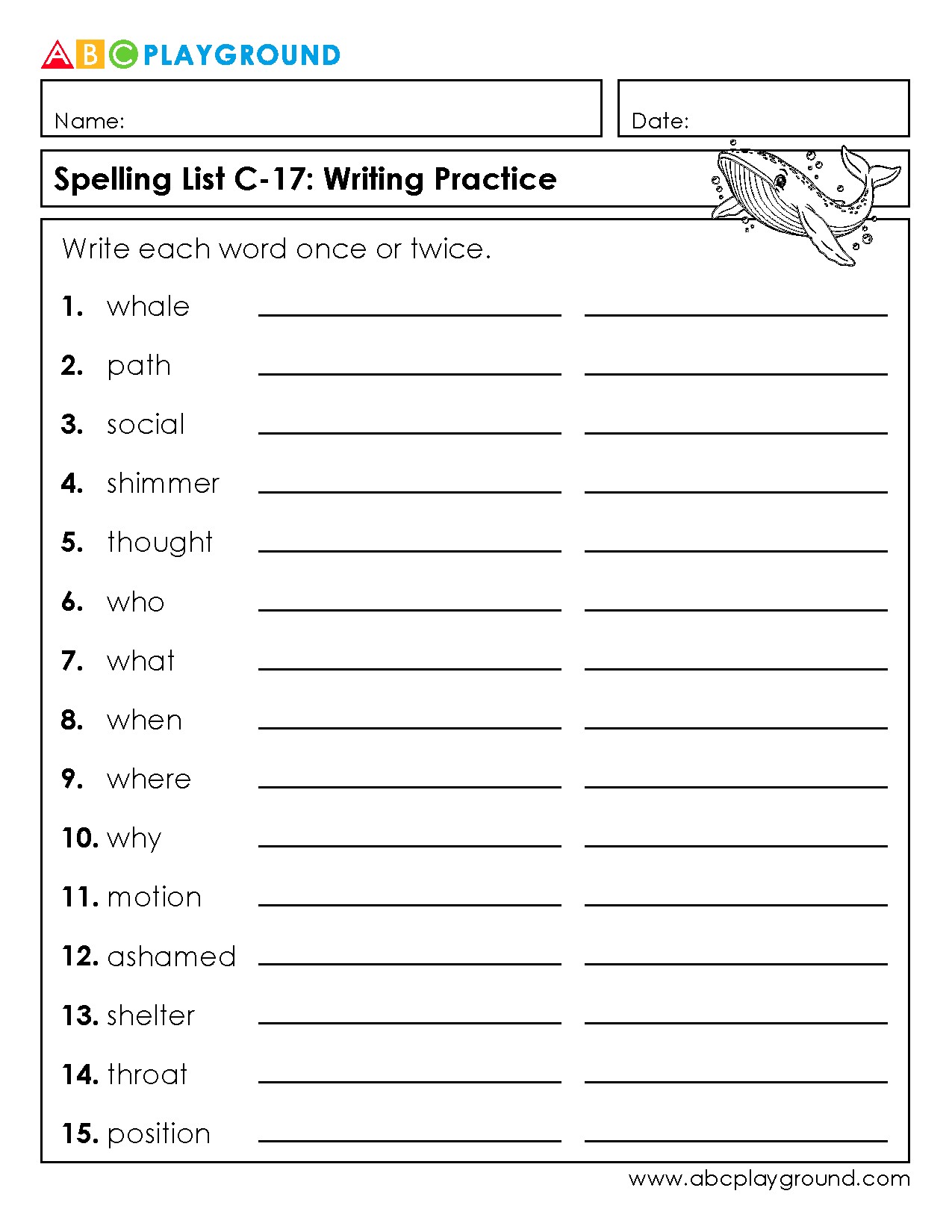 C17 Spelling Practice Worksheet with Common English Vocabulary