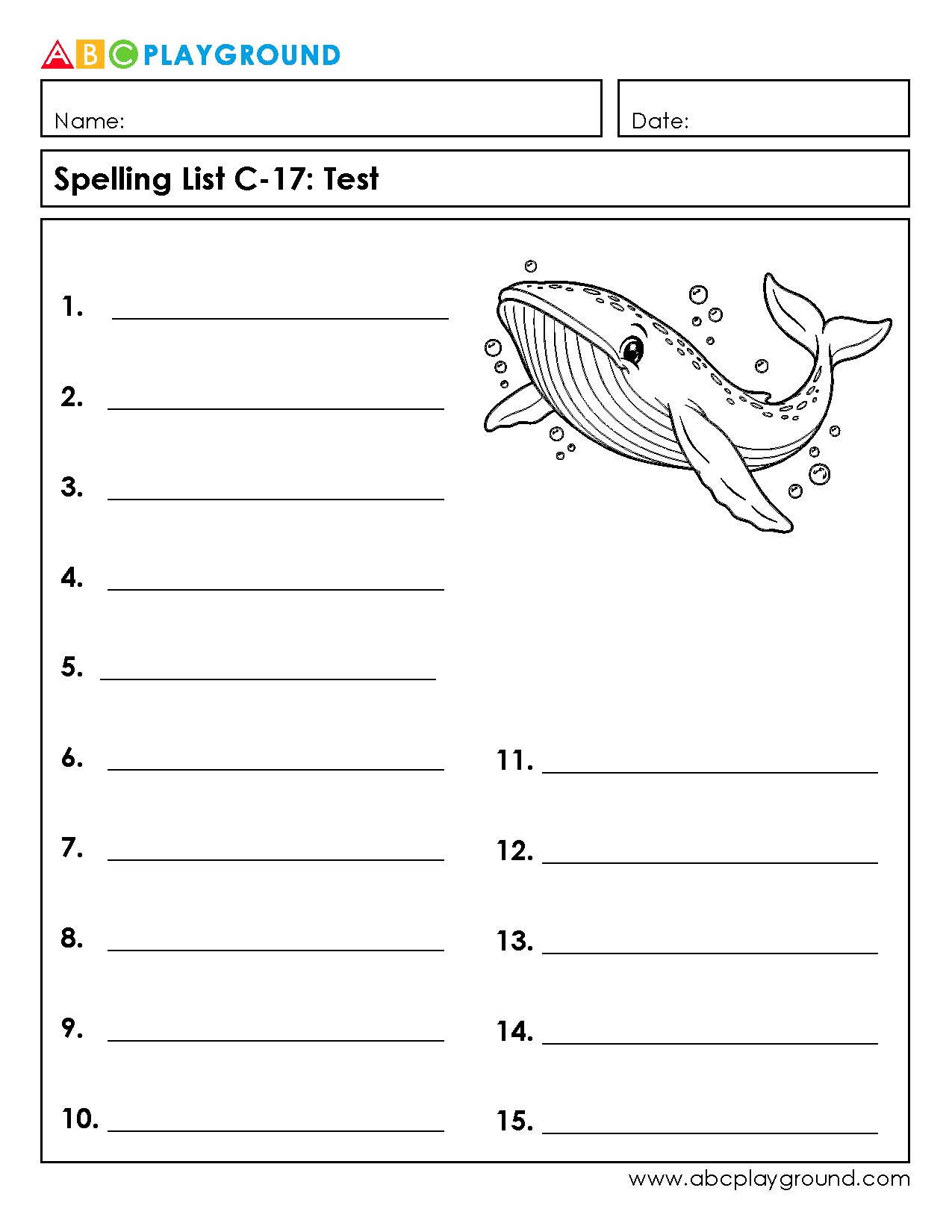 C17 Printable Spelling Test Worksheet with Whale Illustration
