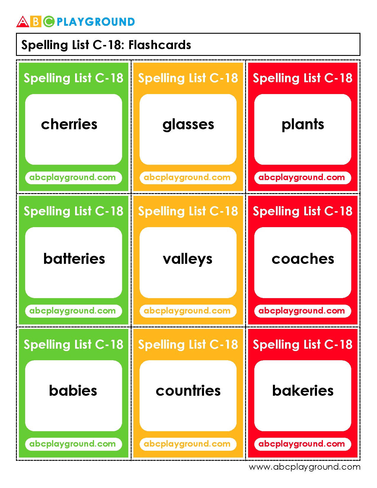 C18 Spelling List Flashcards for Plural Nouns Practice