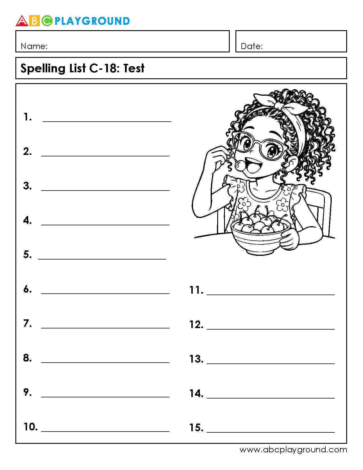 C18 Spelling Test Worksheet with 15 Word Spaces