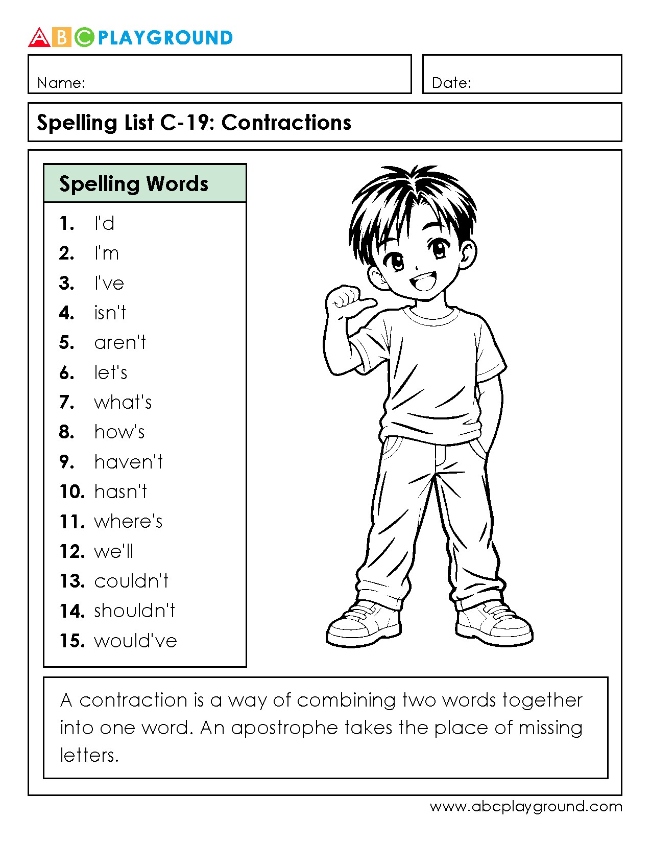 C19 Spelling Practice with Common English Contractions